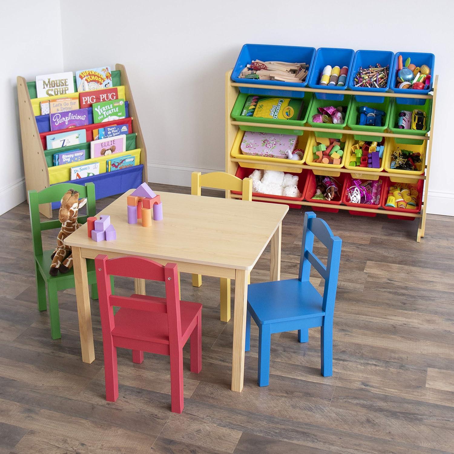 Natural Wood and Primary Color Kids Toy Storage Organizer with 16 Bins