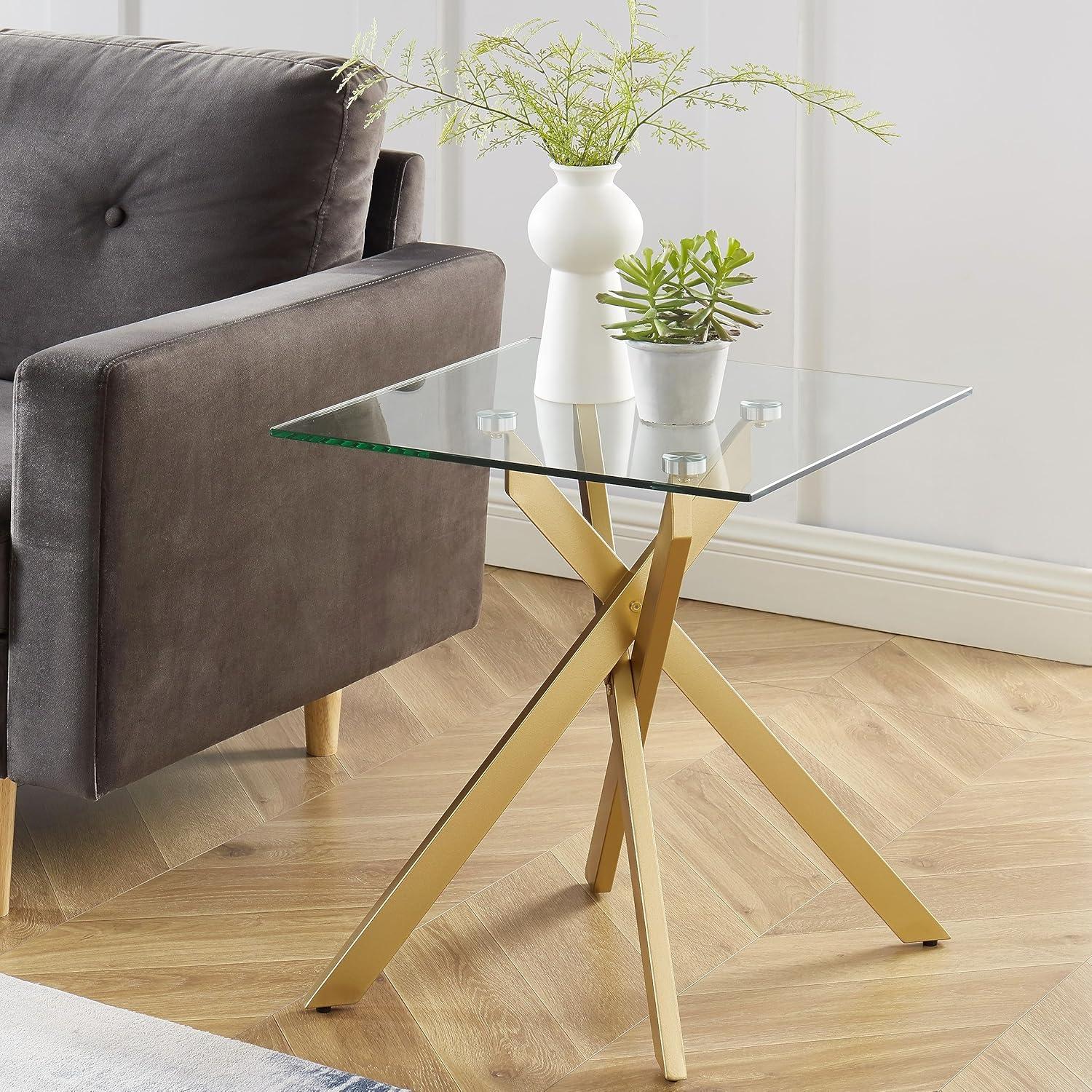 Modern Style Square Side Table with Tempered Glass Top and Metal Tubular Legs, Gold 20”Dx20”Wx22”H