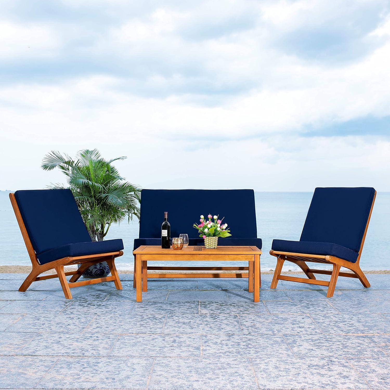 Chaston 4 Piece Living Set - Indoor/Outdoor - PAT7044 - Natural/Navy - Safavieh