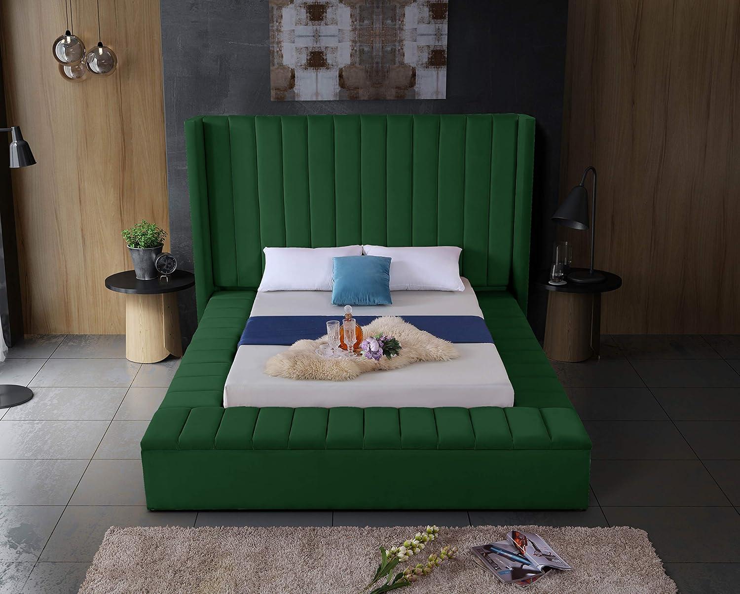 Meridian Furniture Kiki Solid Wood and Velvet Queen Bed in Green