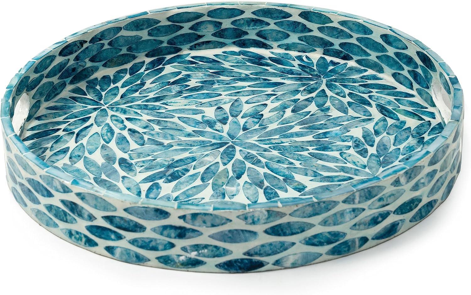 CLAYNIX Serving Tray 12.5 Inch, Lacquer Mother of Pearl Inlay Mosaic Tray, Round Wooden Marble Tray with Handles Trays for Tea, Breakfast (Flower Style)
