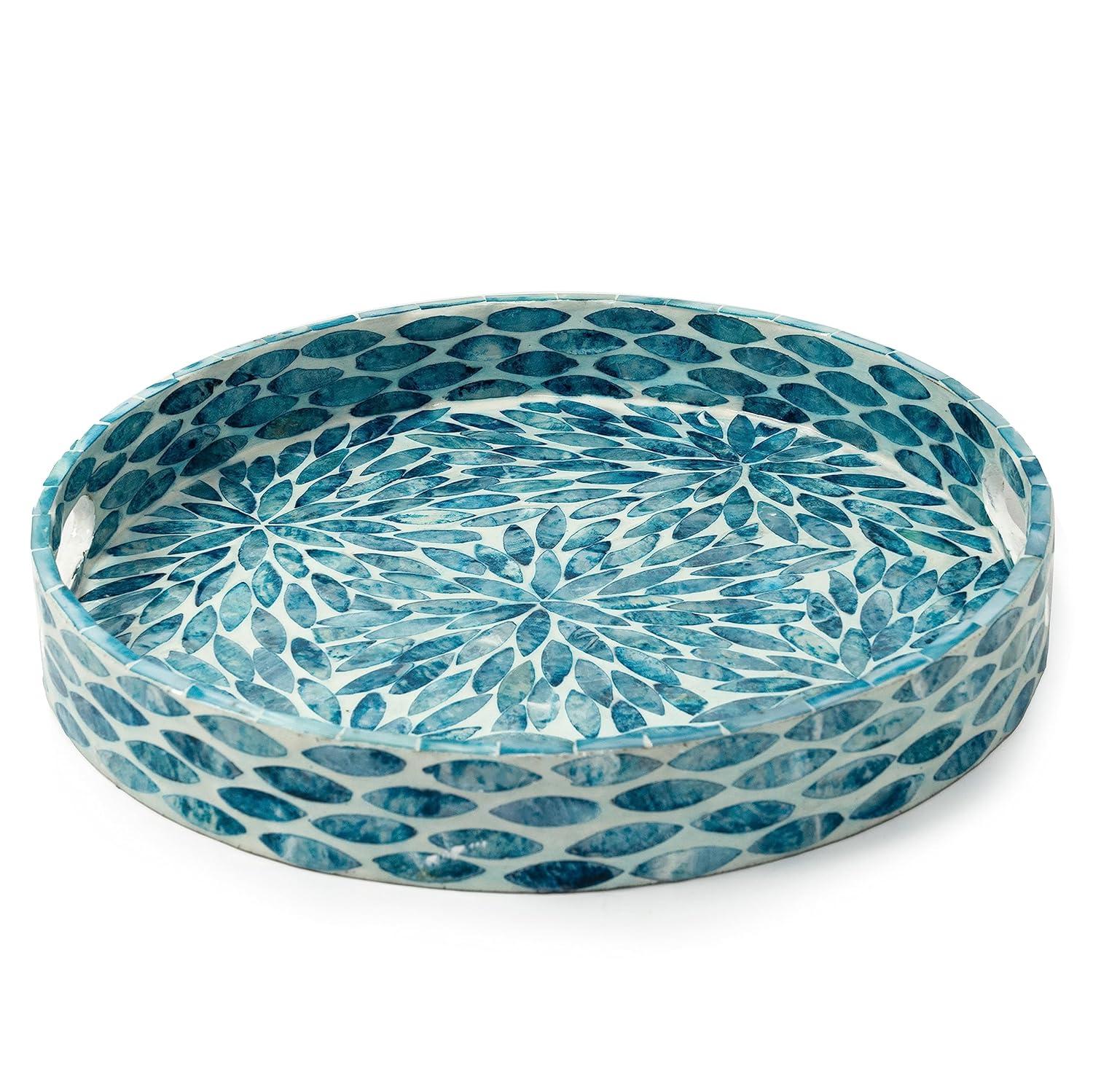 CLAYNIX Serving Tray 12.5 Inch, Lacquer Mother of Pearl Inlay Mosaic Tray, Round Wooden Marble Tray with Handles Trays for Tea, Breakfast (Flower Style)