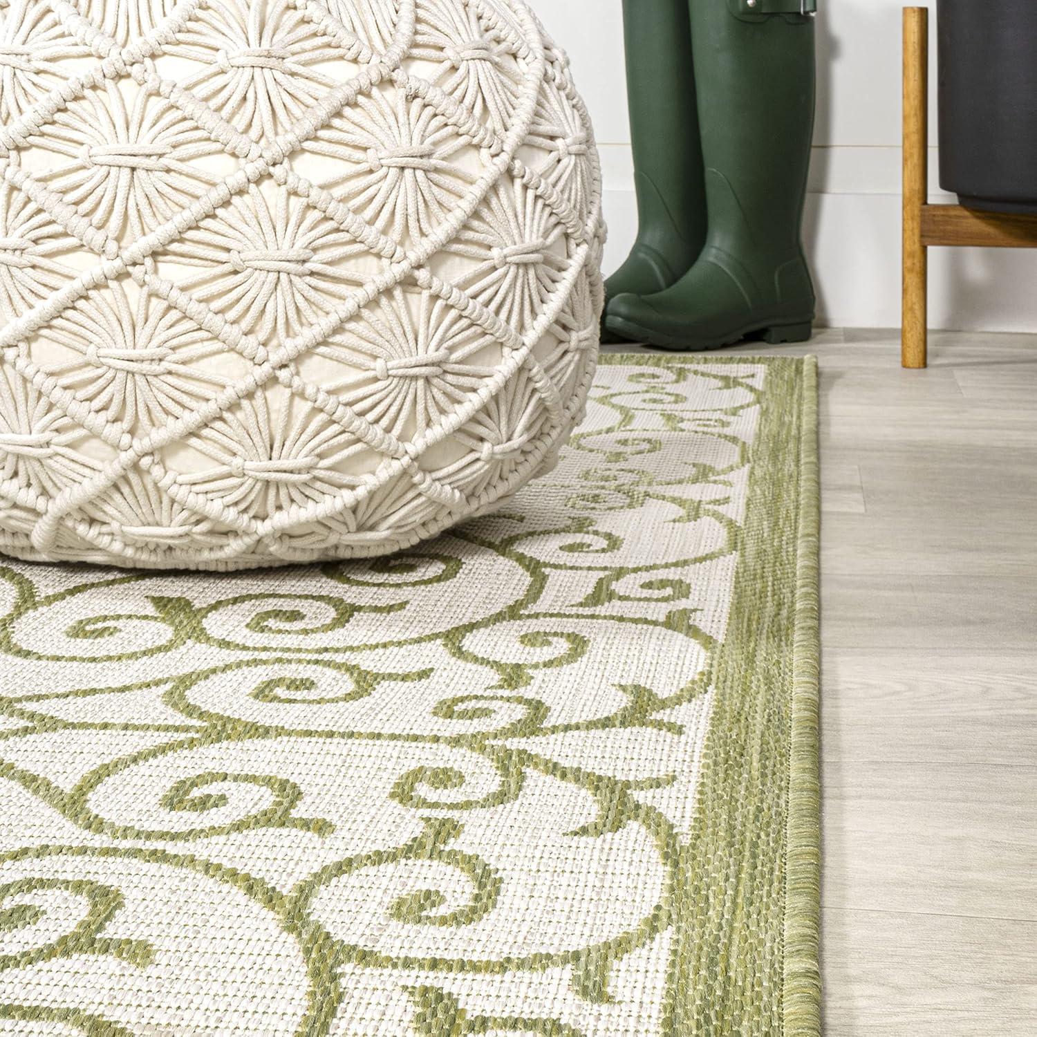 2' x 10' Madrid Vintage Filigree Textured Weave Indoor/Outdoor Runner Rug, Green/Cream - JONATHAN Y