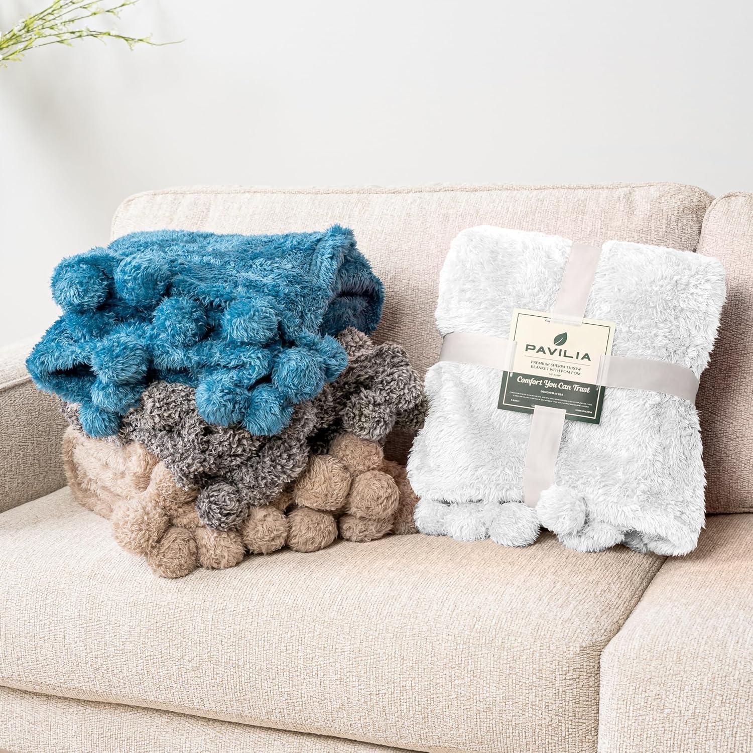 PAVILIA Fluffy Throw Blanket with Pompom, Lightweight Soft Plush Cozy Warm Pom Pom Fringe for Couch Sofa Bed