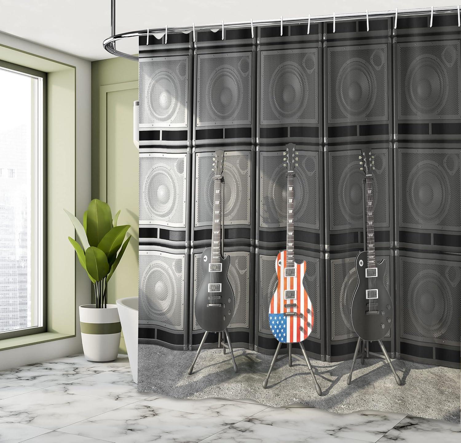 American Flag Guitar Print Fabric Shower Curtain