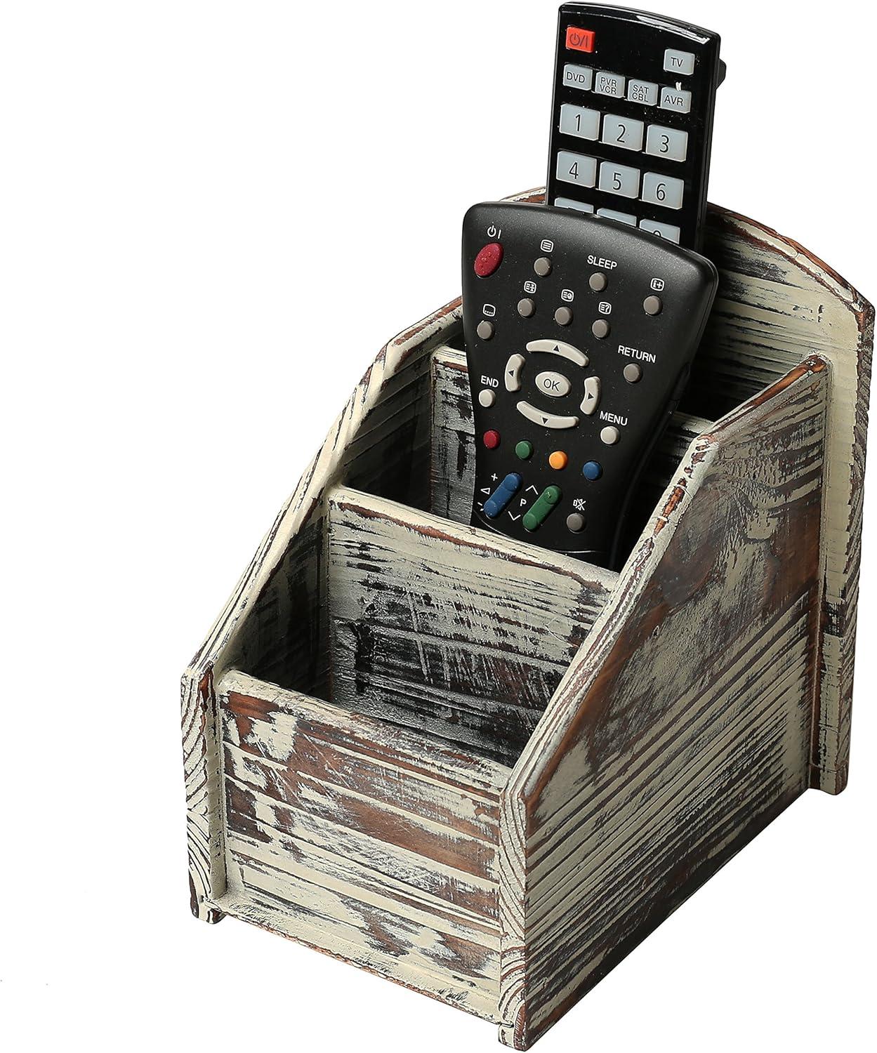 MyGift Rustic Torched Wood Remote Control Holder for Table with 3 Compartments, Living Room TV Media Organizer