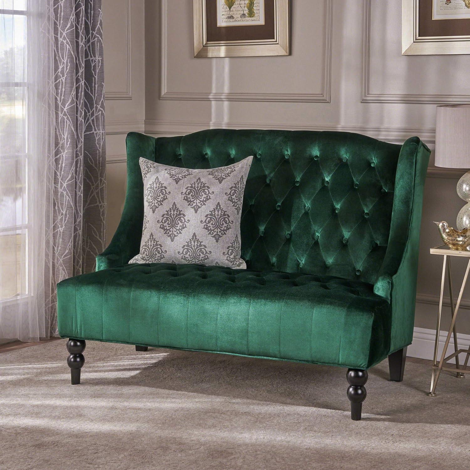 Emerald Velvet Tufted Wingback Loveseat with Dark Wood Legs