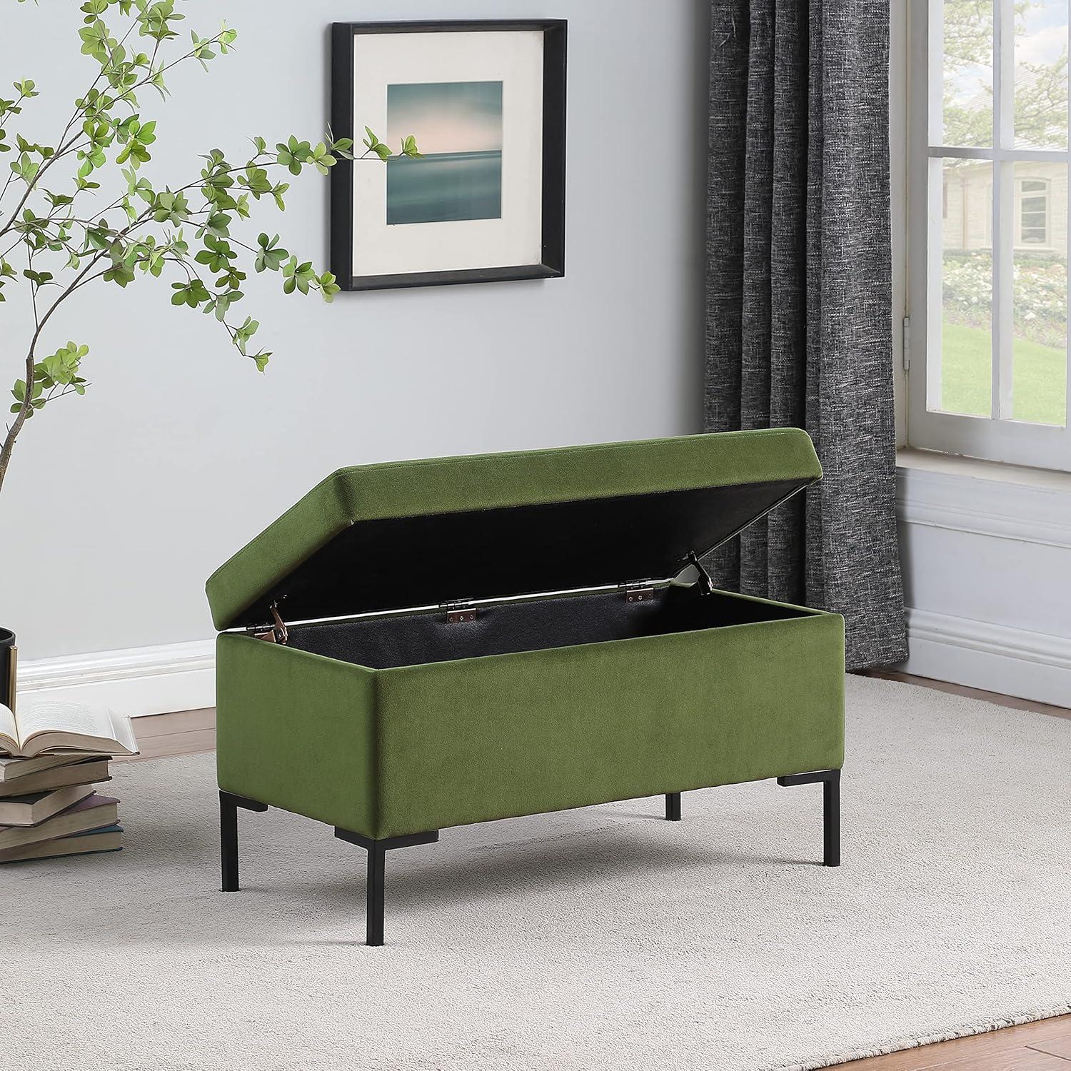 Medium Storage Bench with Metal Legs Green Velvet - HomePop: Upholstered Rectangular Ottoman for Bedroom, 250lb Capacity