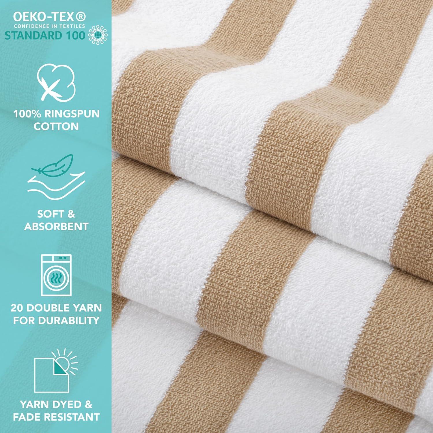 Arkwright Cali Cabana Stripe Beach Towel - Bulk Case of 32 - Soft 100% Cotton Lightweight Quick Dry Terry Towels Set for Pool, Swim, and Hot Tub, 30 x 60 in, Beige