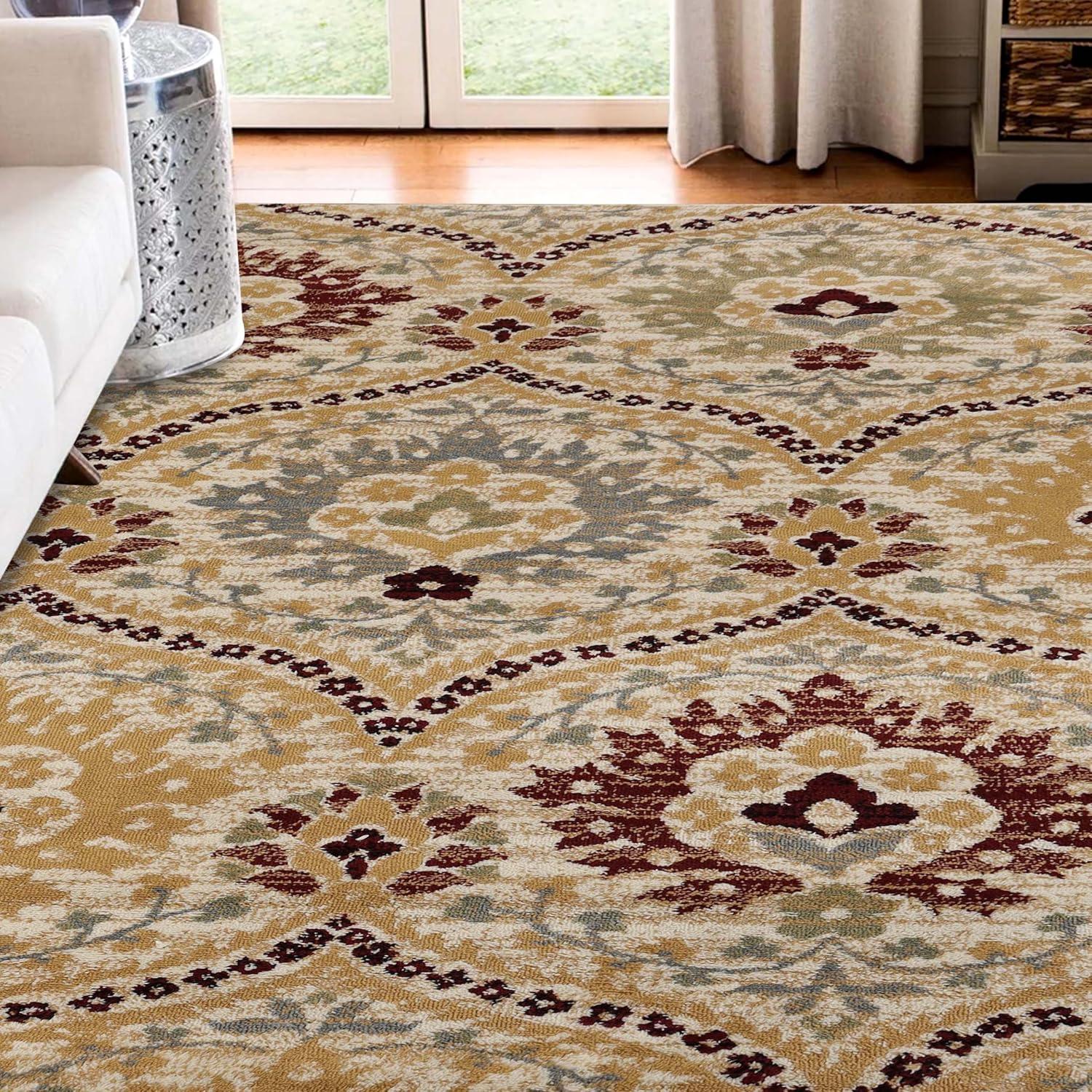 Camel Floral Damask Flat Woven Synthetic Area Rug, 8' x 10'