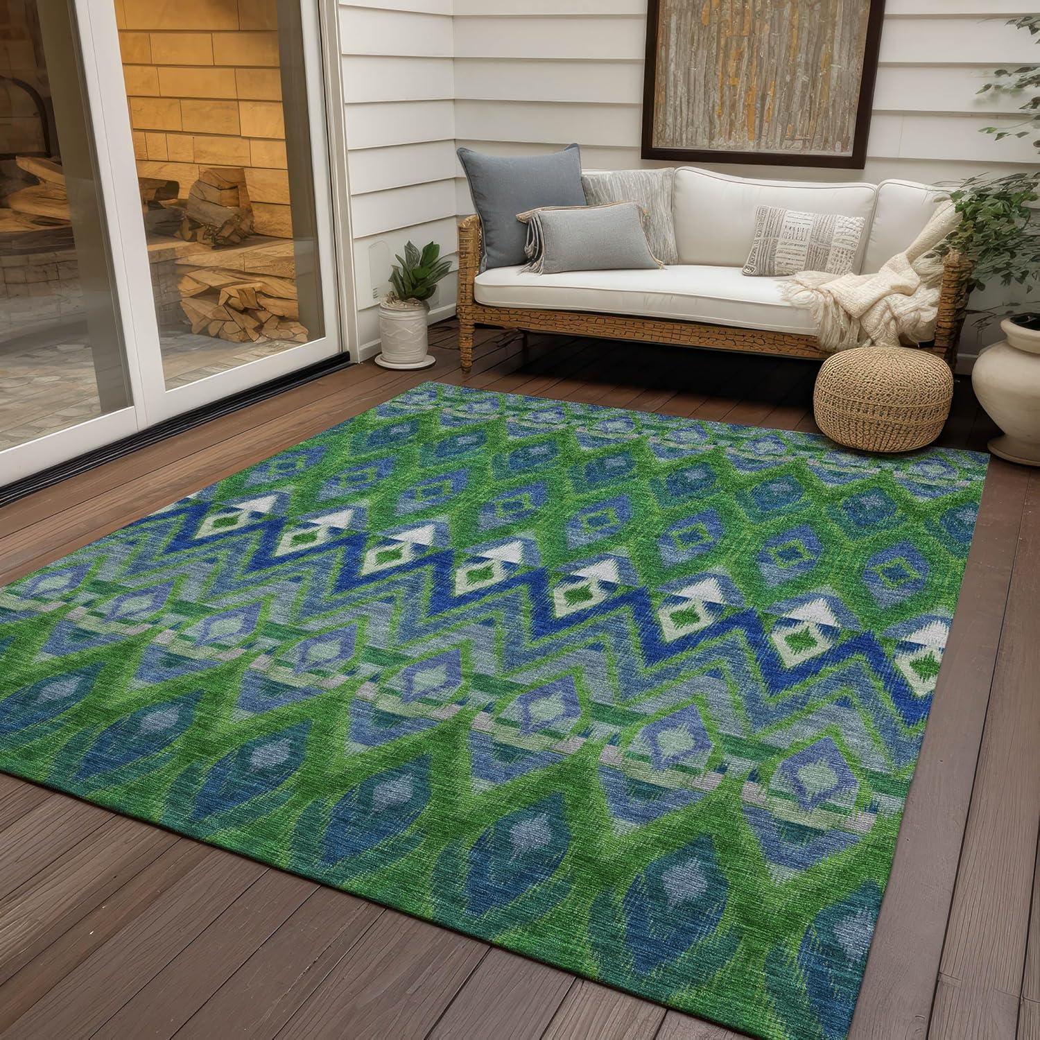 Green and Blue Synthetic Washable Rectangular Area Rug