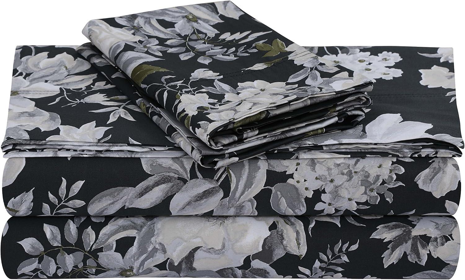 Tribeca Living Standard Cotton Sateen Pillowcases Size Set of 2 Pillow Covers, Floral Print, 300 Thread Count, Luxury Bedding, Vernazza Charcoal