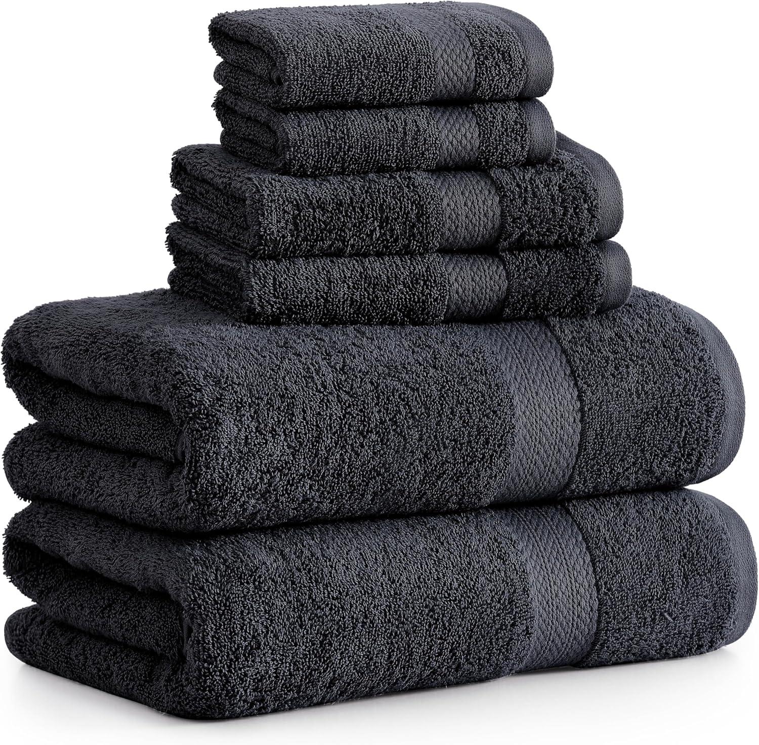 Black Cotton 6-Piece Towel Set with Hand Towels and Washcloths