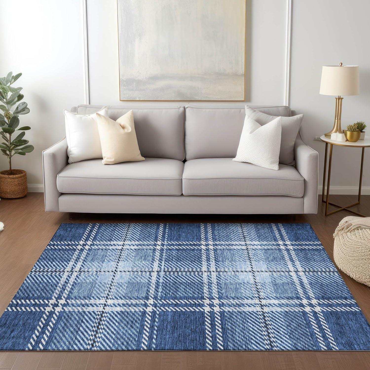 Navy and Light Blue Plaid Synthetic 8' x 10' Indoor/Outdoor Rug