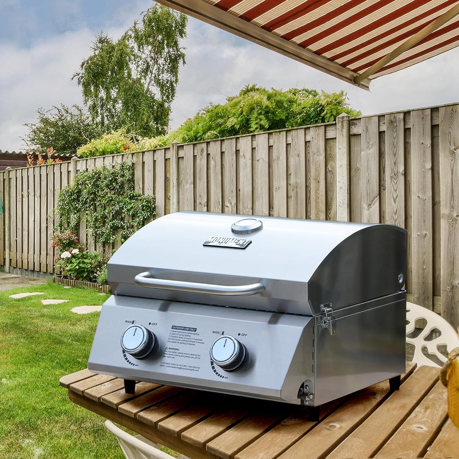 Monument Grills 13742,2-Burner Portable Stainless Steel Tabletop Propane Gas Grill with High Lid and Travel Locks, 15,000 BTU – Perfect for Family BBQs
