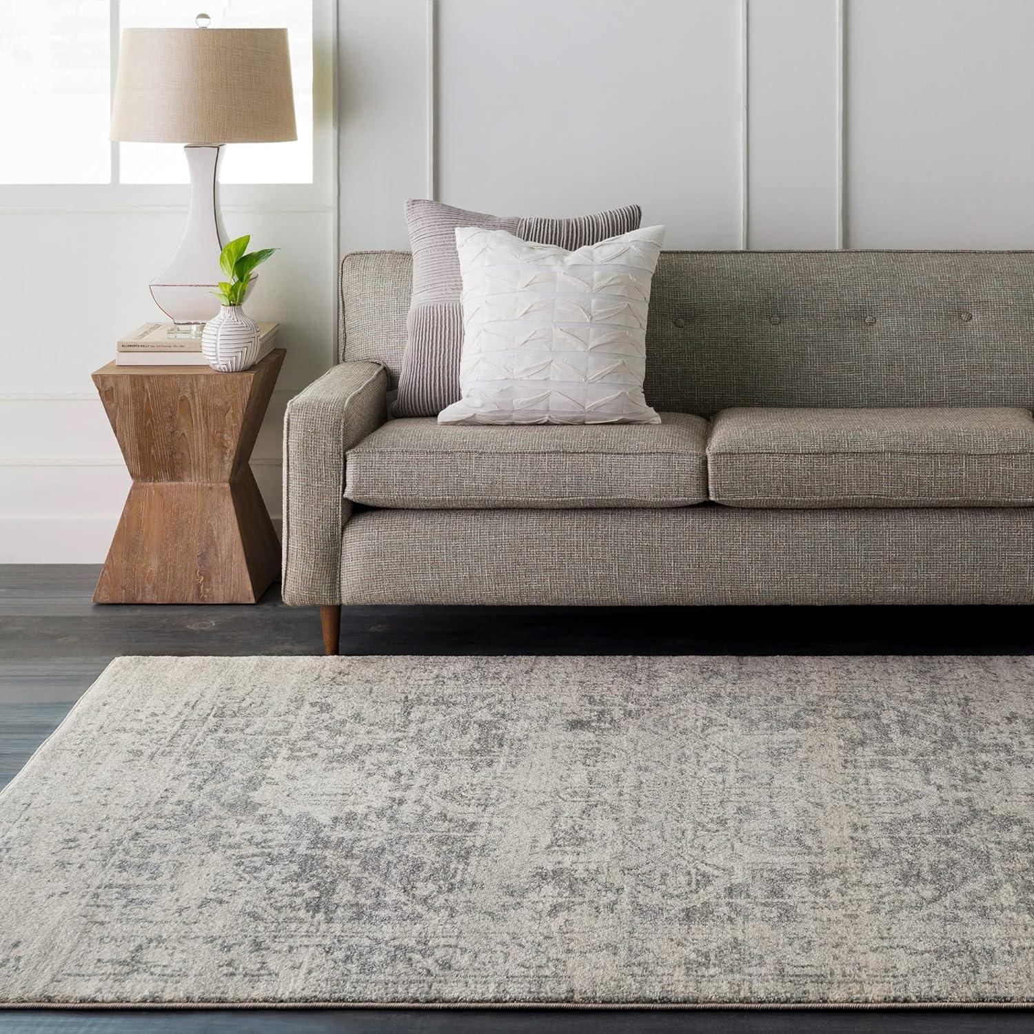 Gray Floral Motif Low Pile Runner Rug