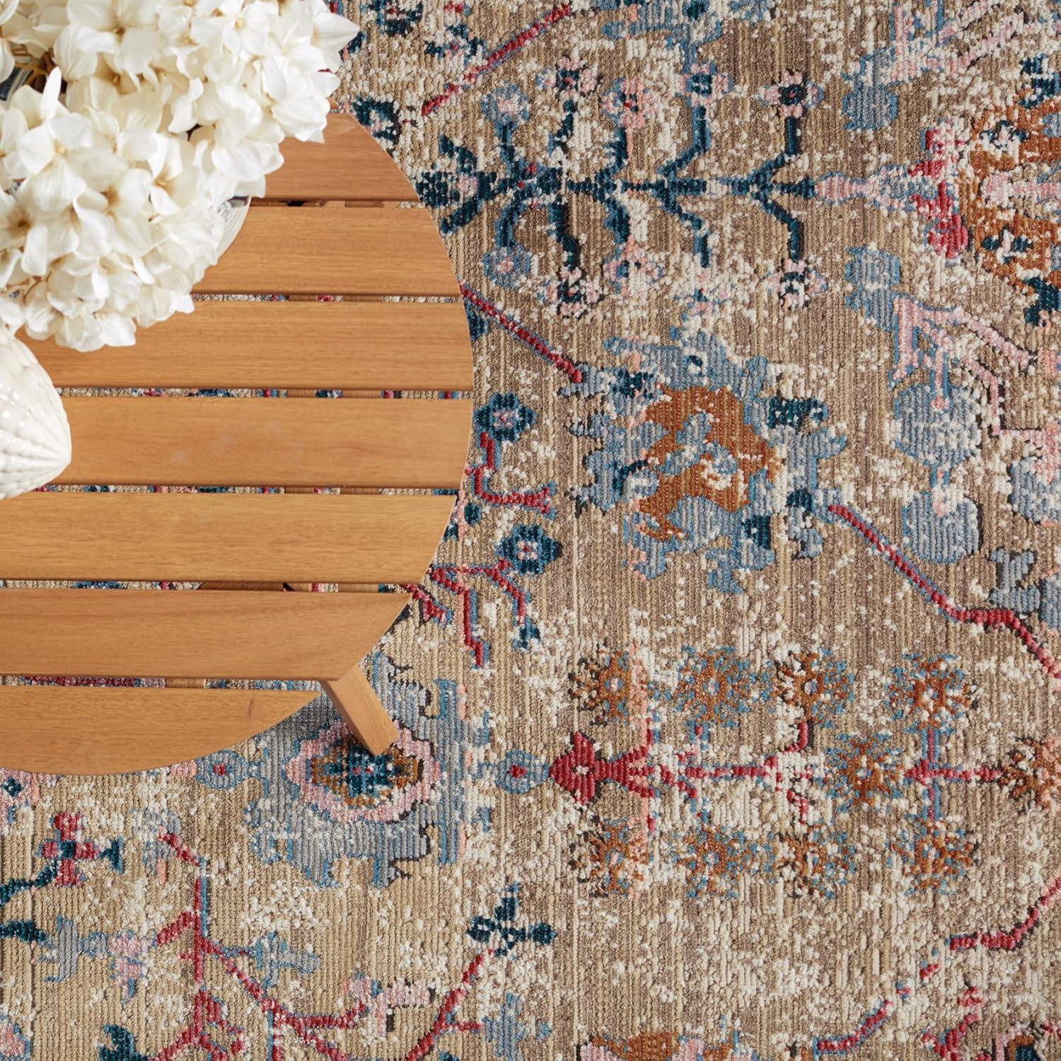 Tan and Blue Synthetic 8' x 10' Rectangular Area Rug