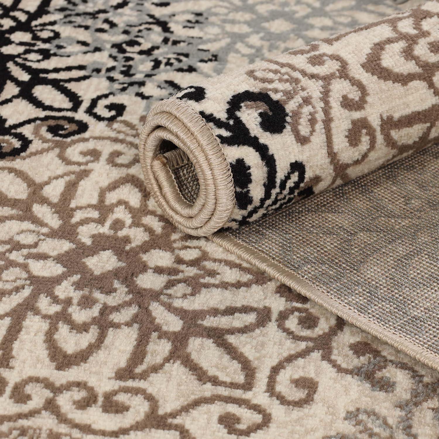 Beige Floral Medallion Polypropylene Area Rug with Jute Backing