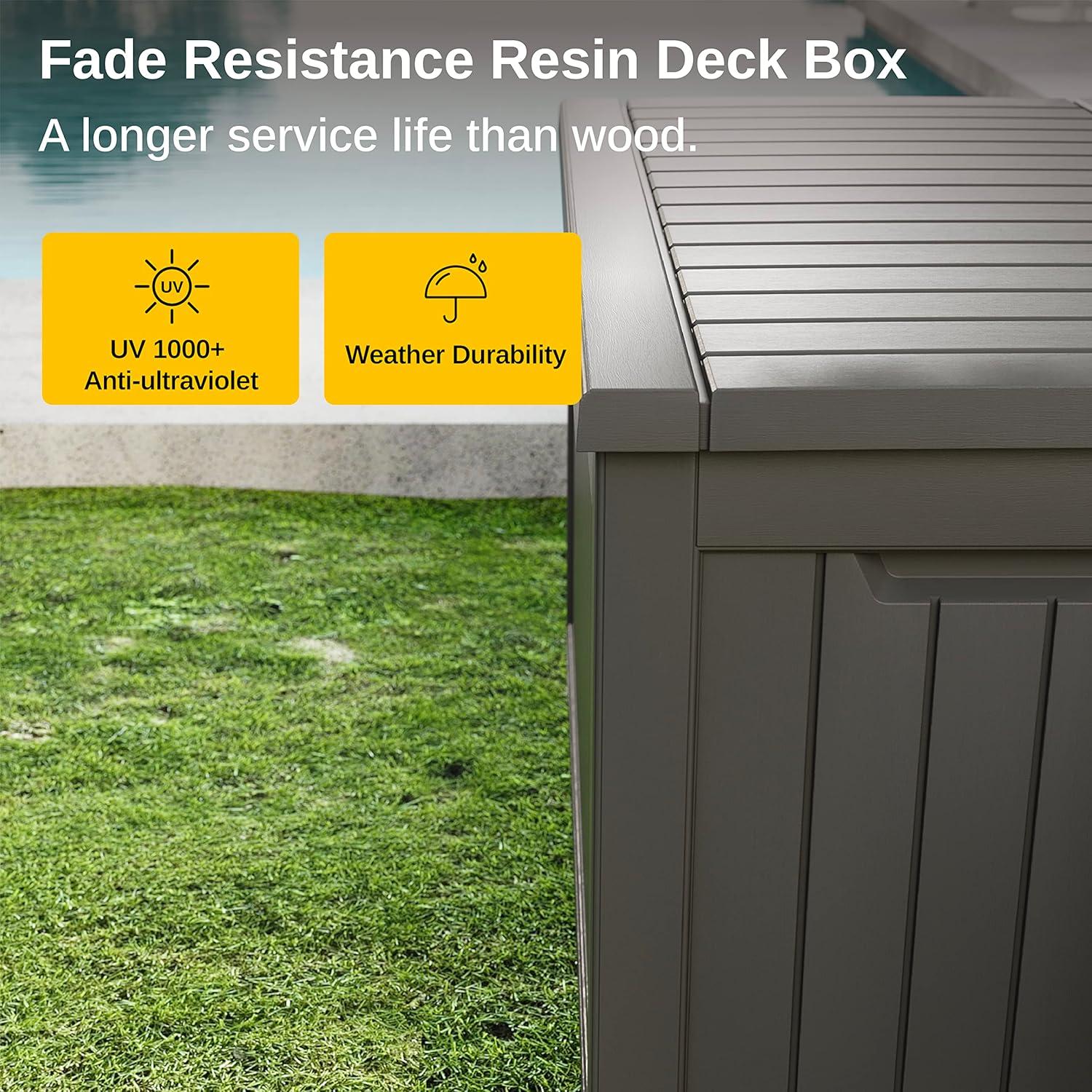 East Oak 230 gal Waterproof Resin Deck Box Gray: Weather-Resistant with Hydraulic Lid & Zinc Alloy Lock