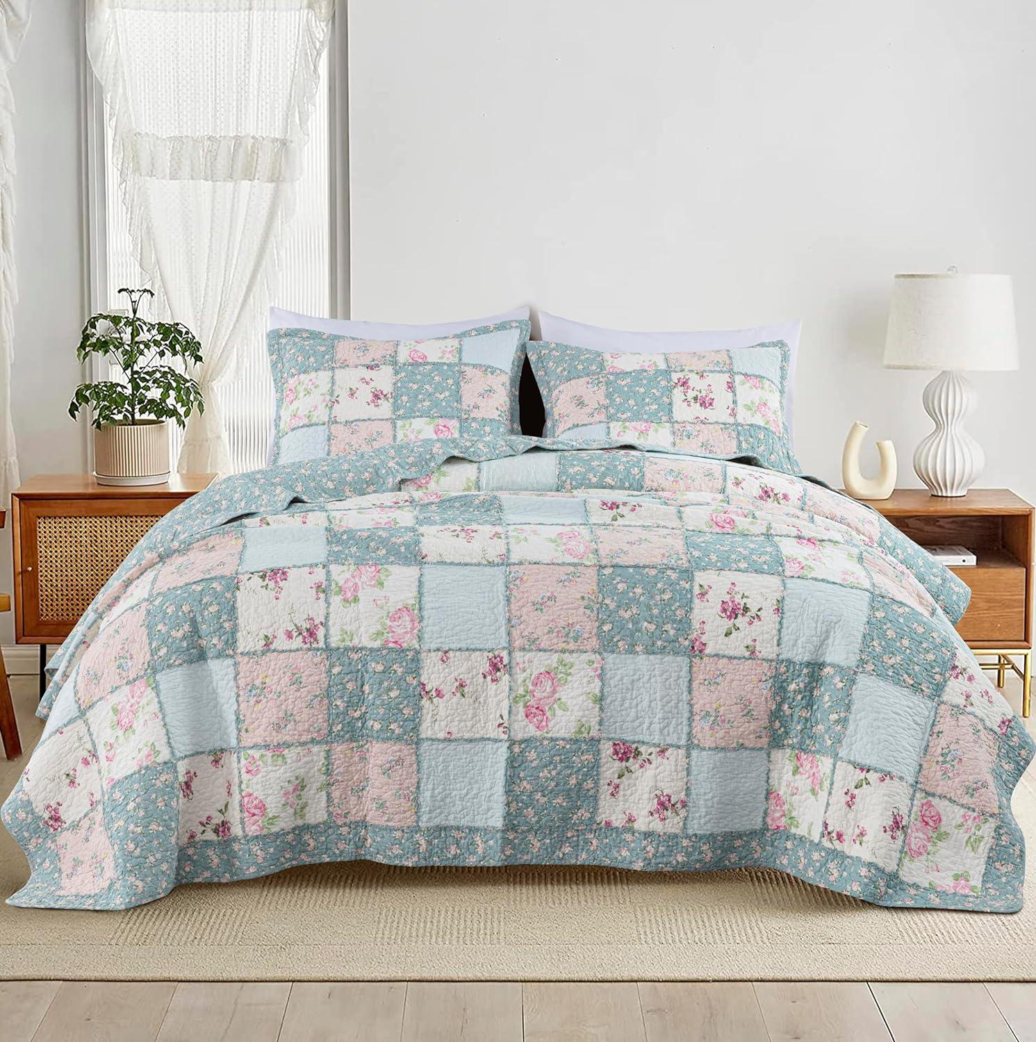 Chezmoi Collection 3-Piece Floral Pre-Washed Cotton Ruffle Trim Patchwork Quilt Set, Queen