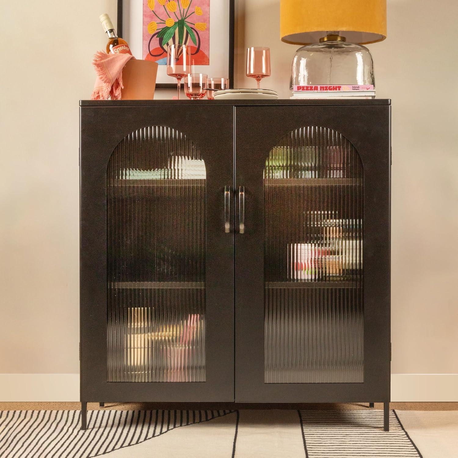 Black Metal Cabinet with Arched Glass Doors and Adjustable Shelves