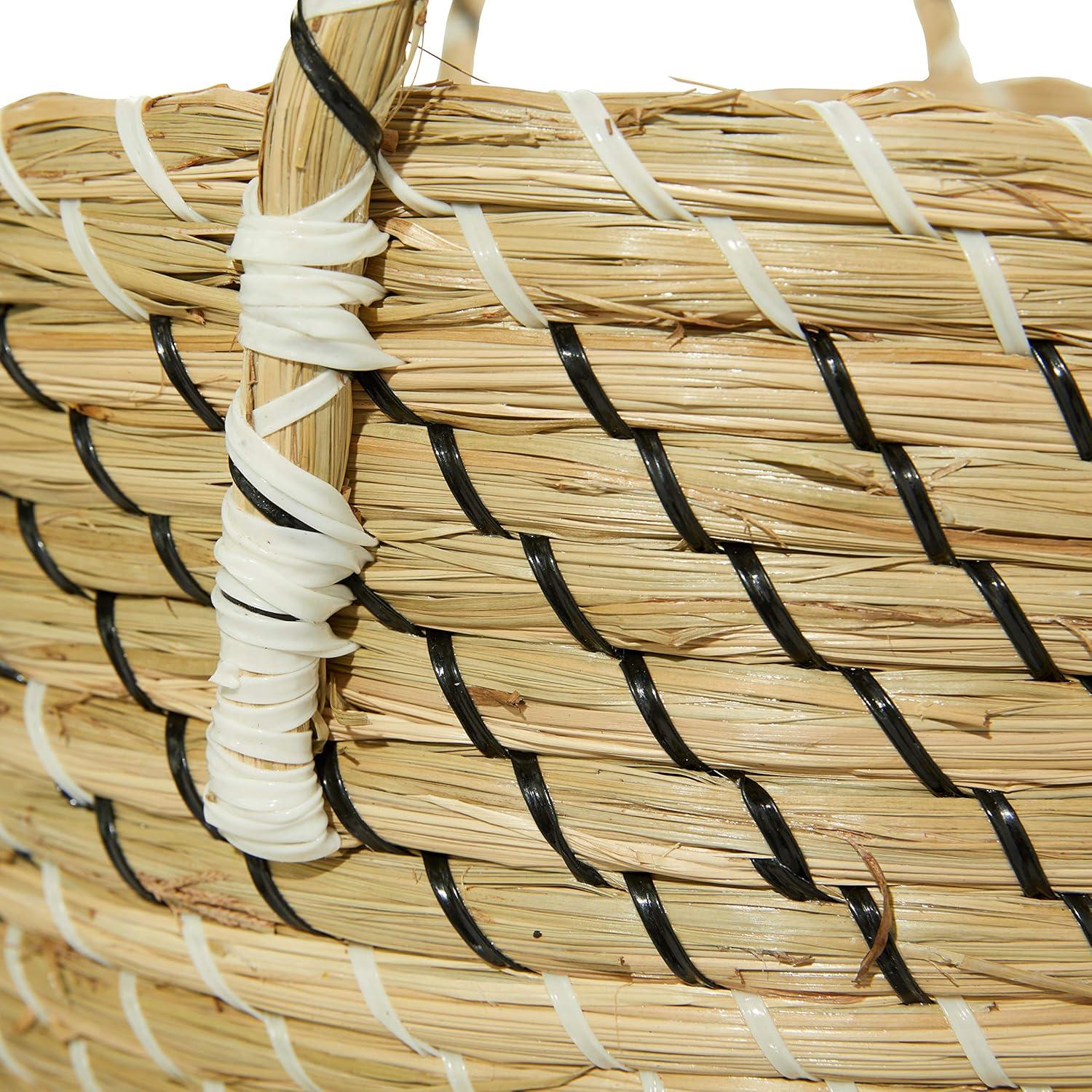 DecMode 14", 17", 19"H Beige Seagrass Handmade Two Toned Storage Basket with Handles, 3-Pieces