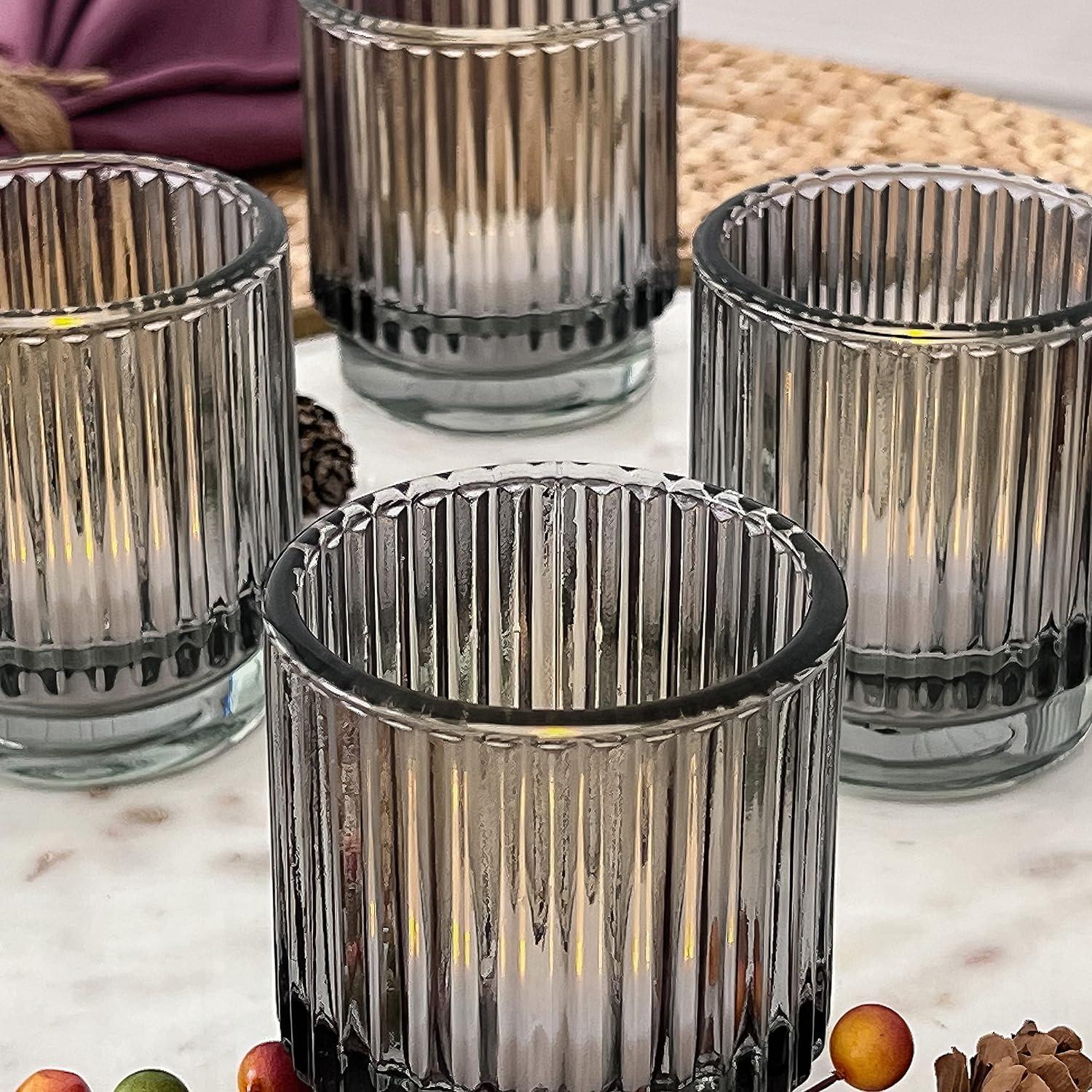 Smoke Gray Vintage Ribbed Glass Tealight Votive Candle Holders by Kate Aspen (Set of 6), Fall Decor, Boho Decor, Shelf Decoration | Perfect Hostess Gift or Home Decor