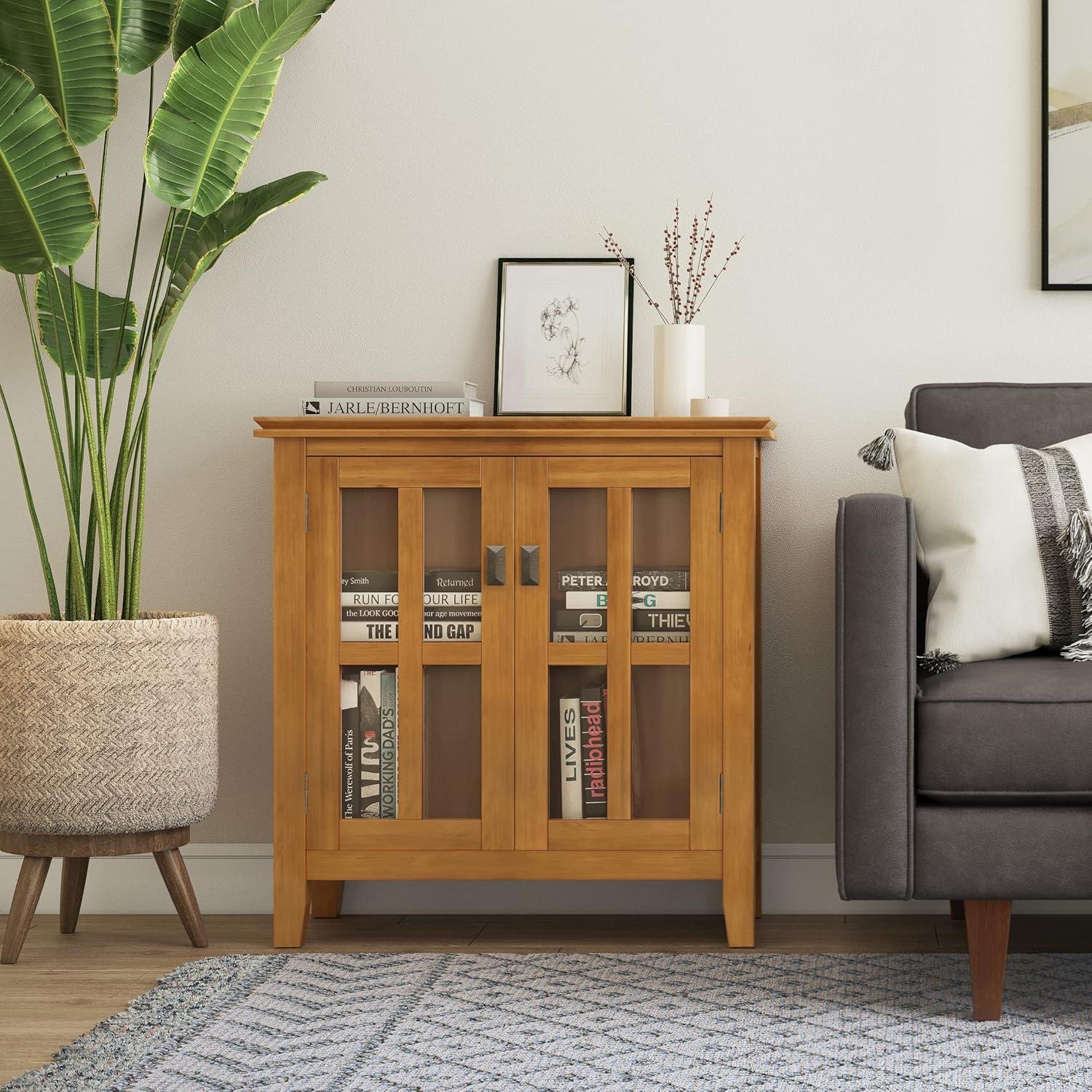Simpli Home Artisan 30"W Solid Wood 2-Shelf Low Storage Cabinet with Glass Doors and Adjustable Shelves