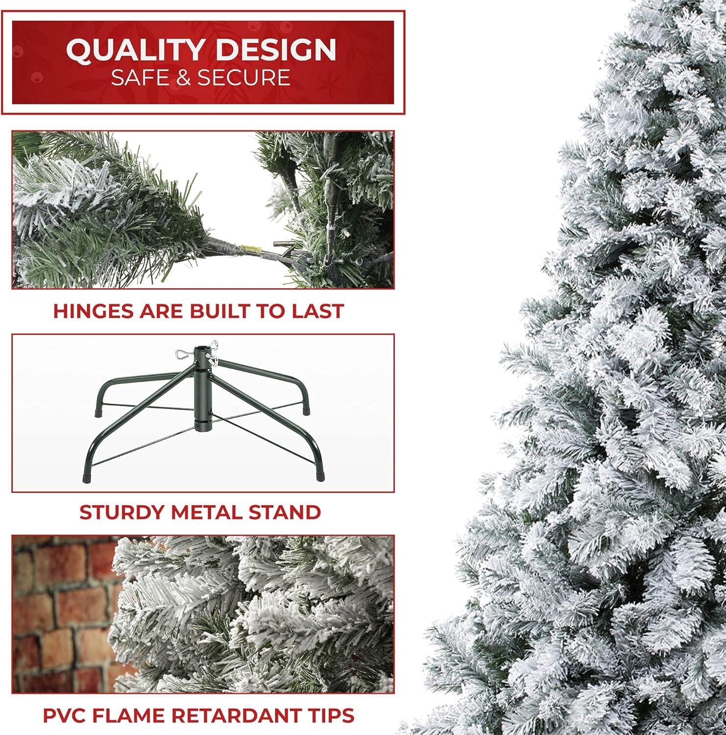 Casafield Realistic Snow-Flocked Pine Artificial Holiday Christmas Tree with Sturdy Metal Stand