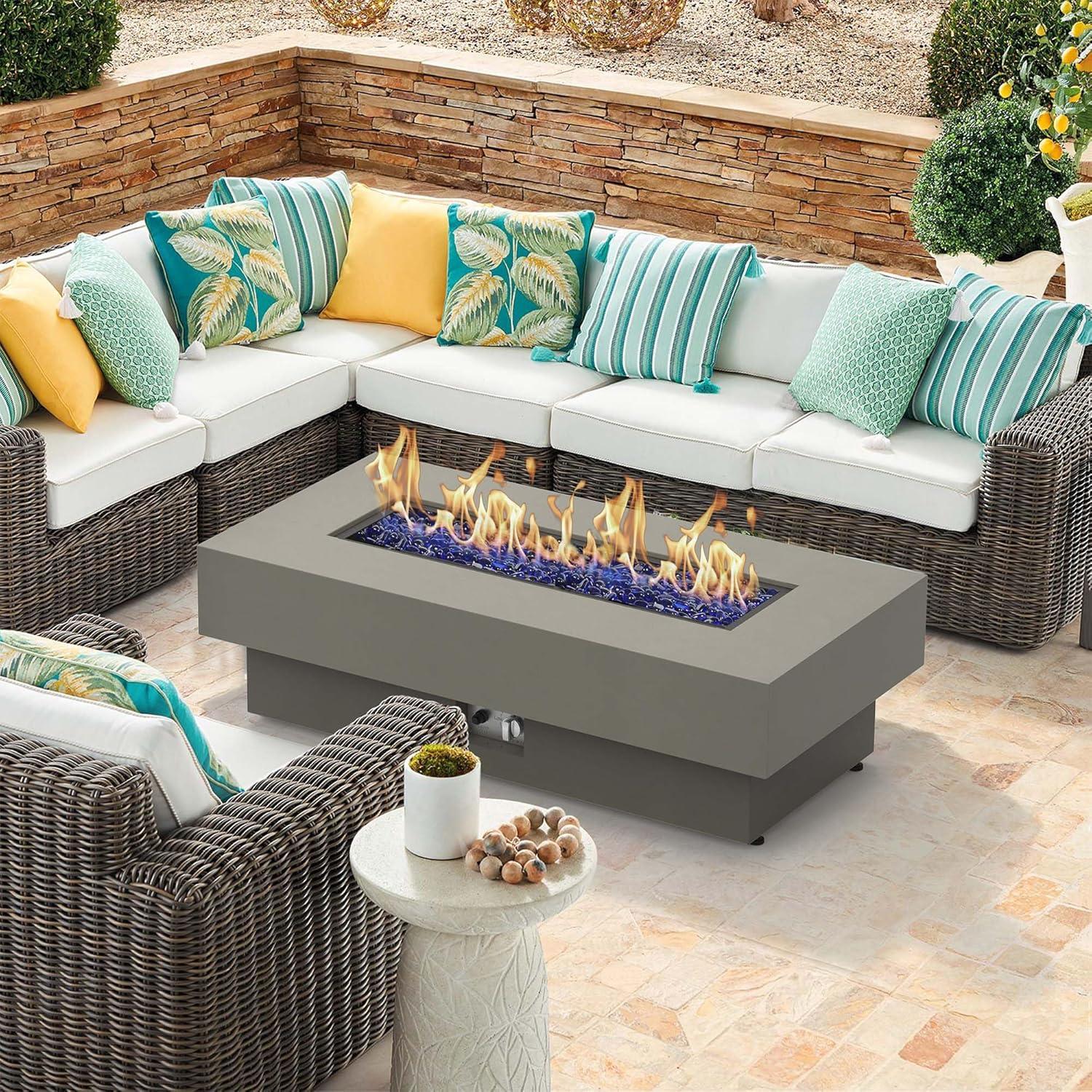 BAIDE HOME 32.5" Square Steel Low Profile Gas Fire Pit Table, 50,000 BTU Outdoor Propane Fire Pit with Lid, Glass Rocks, Cover, Pre-attached 10ft Propane Hose