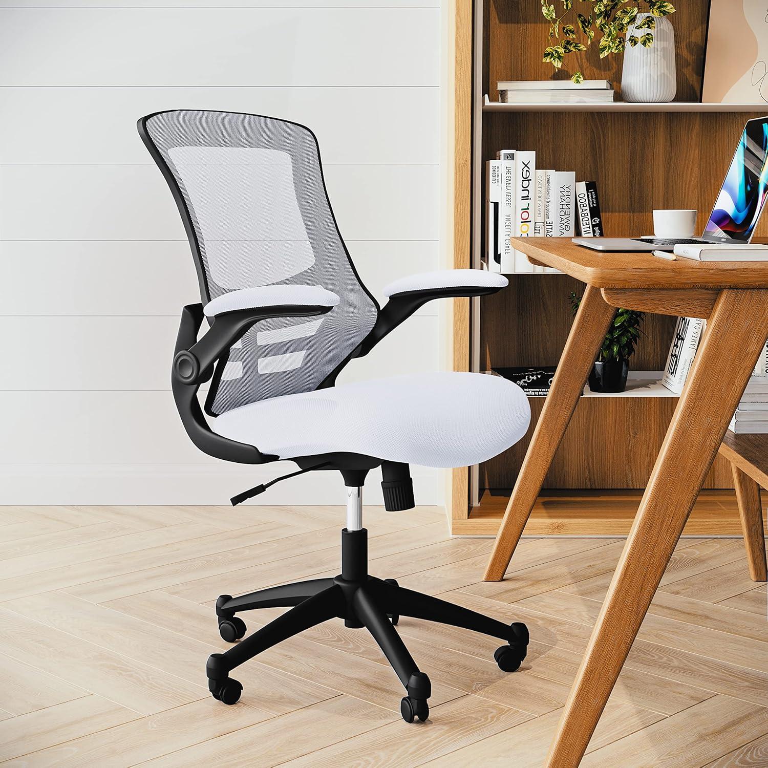 Flash Furniture Kelista Mid-Back White Mesh Swivel Ergonomic Task Office Chair with Flip-Up Arms