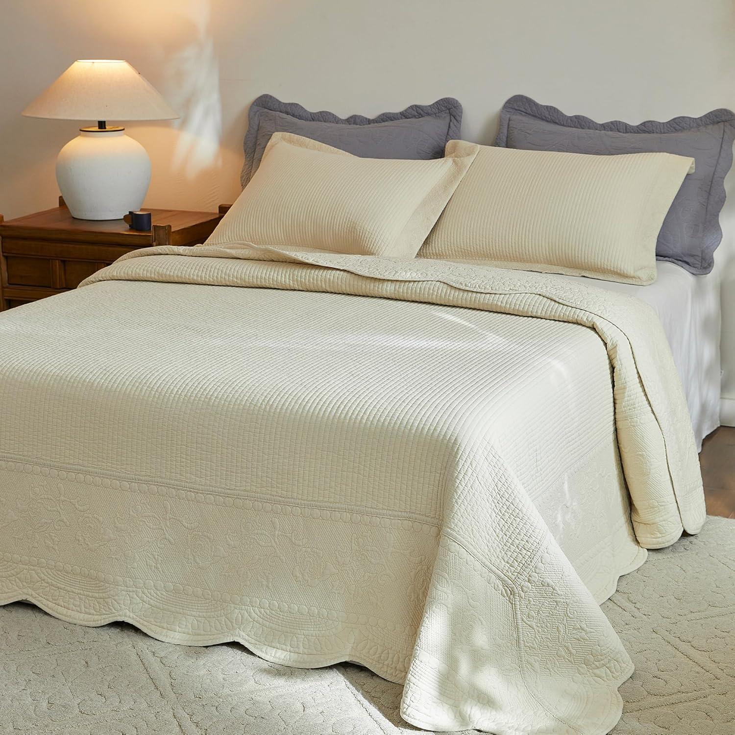 Marcielo 3-Pcs 100% Cotton Oversized Quilt Bedspread Set TG Khaki Beige Queen