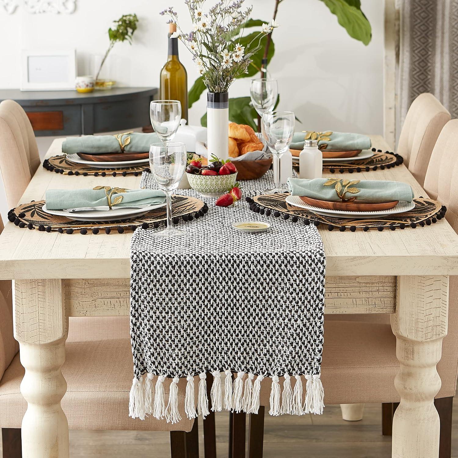 Design Imports  Woven Jacquard Fringe Table Runner, Black, 15X72"