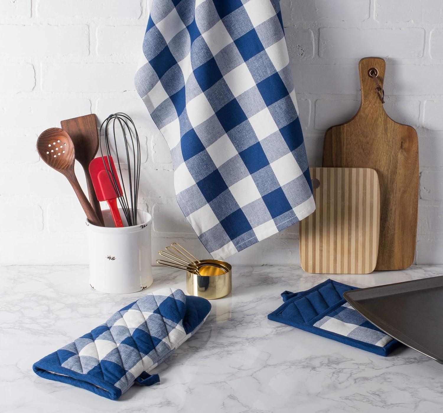 Navy and Cream Cotton Checkered Dishtowel Set, 20x30, 3 Piece