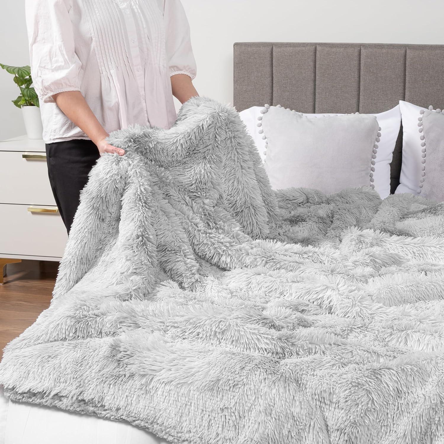 PAVILIA Soft Fluffy Faux Fur Throw Blanket, Light Grey Silver, Shaggy Furry Warm Sherpa Blanket Fleece Throw for Bed, Sofa, Couch, Decorative Fuzzy Plush Comfy Thick Throw Blanket, 50x60 Inches