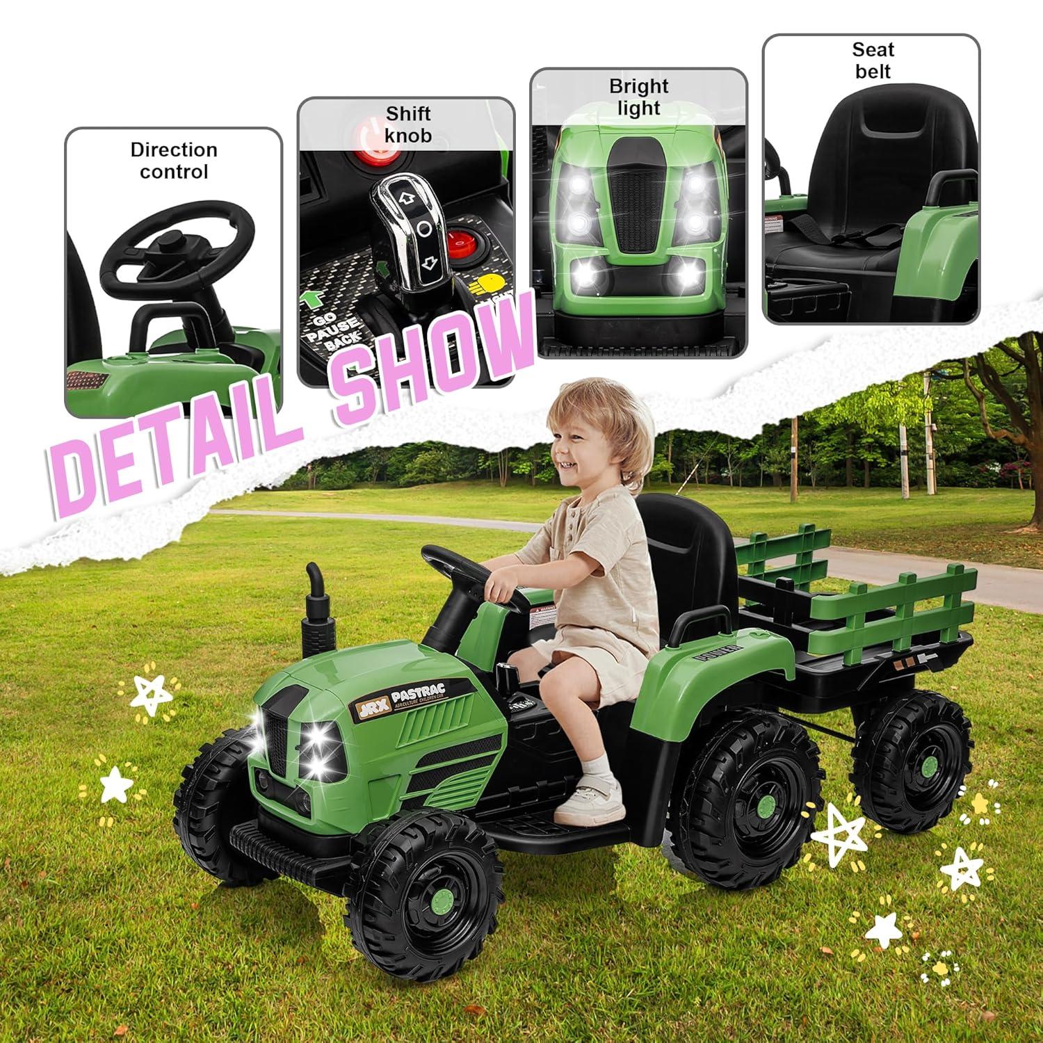 24V 400W Powered Electric Tractor for Kids, 3-Speed Ride On Tractor with Remote Control, USB/MP3/Bluetooth, LED Lights, Safety Belt, 1.86-4.97 MPH，Green