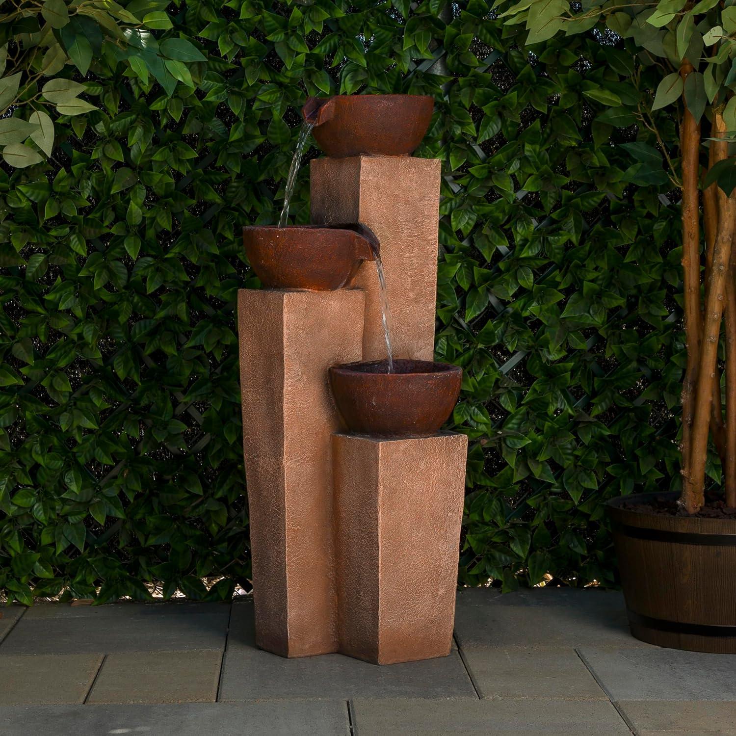 35" Stone Resin Layered Tiering Pots Fountain Copper - Alpine Corporation: Outdoor 3-Tier Water Feature, Polystone & Fiberglass, Weather-Proof