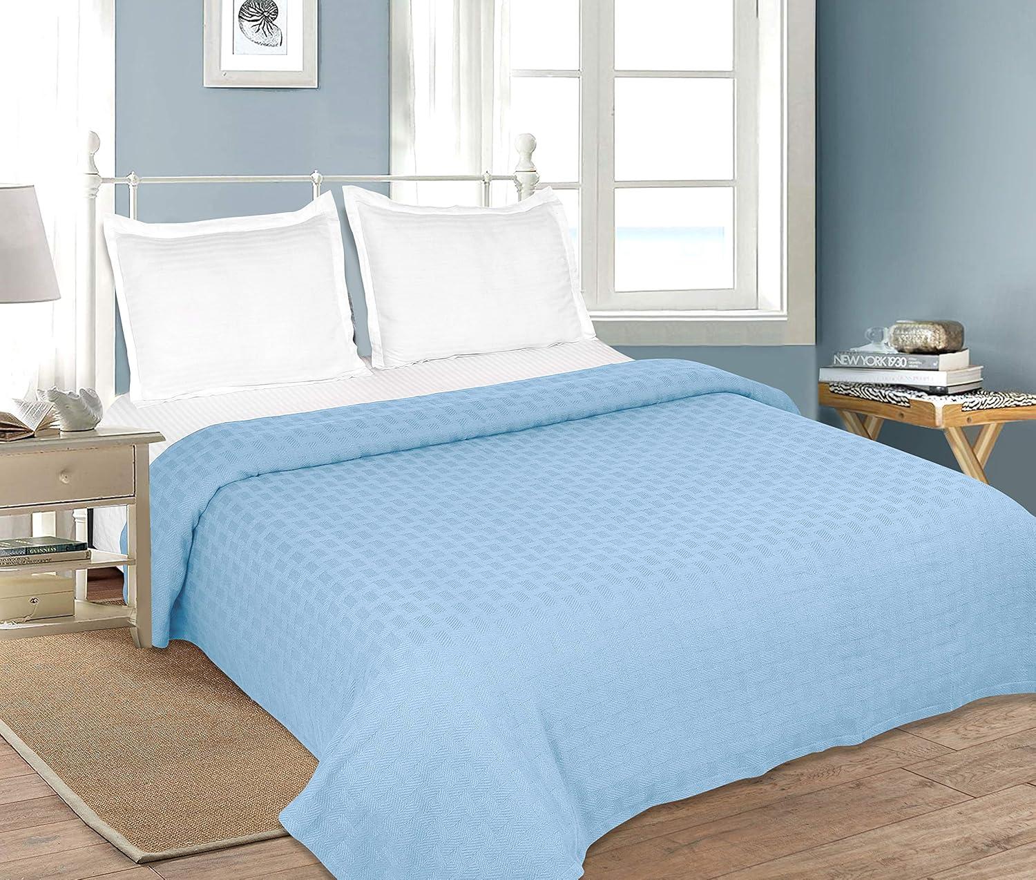 GLAMBURG 100% Cotton Bed Blanket, Breathable Bed Blanket Queen Size, Cotton Thermal Blankets Full - Queen Size, Perfect for Layering Any Bed for All Season - Sky Blue