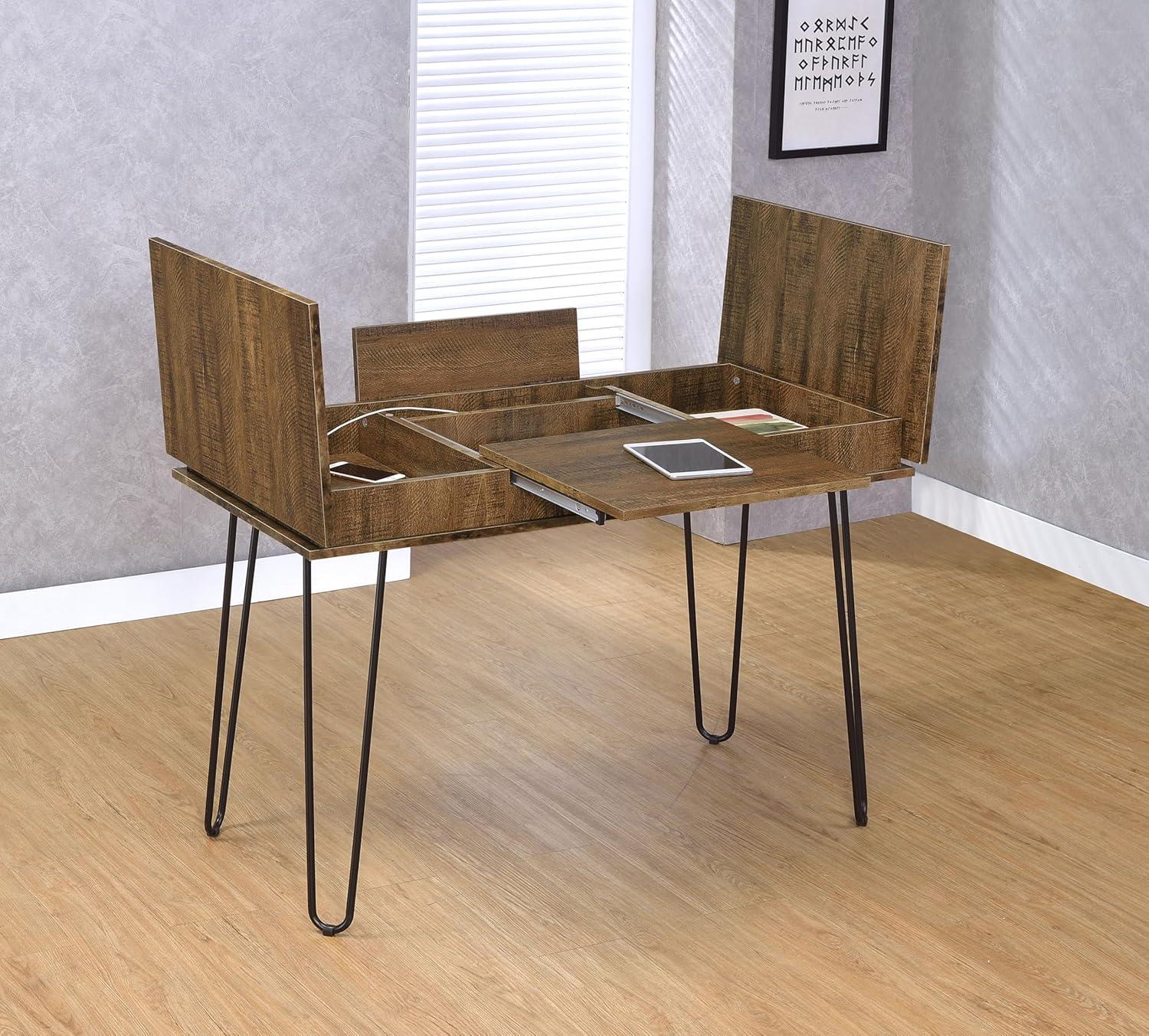 Sheeran Storage Writing Desk with Hairpin Legs Rustic Amber - Coaster: Industrial Style, Enclosed Cabinet, USB Ports