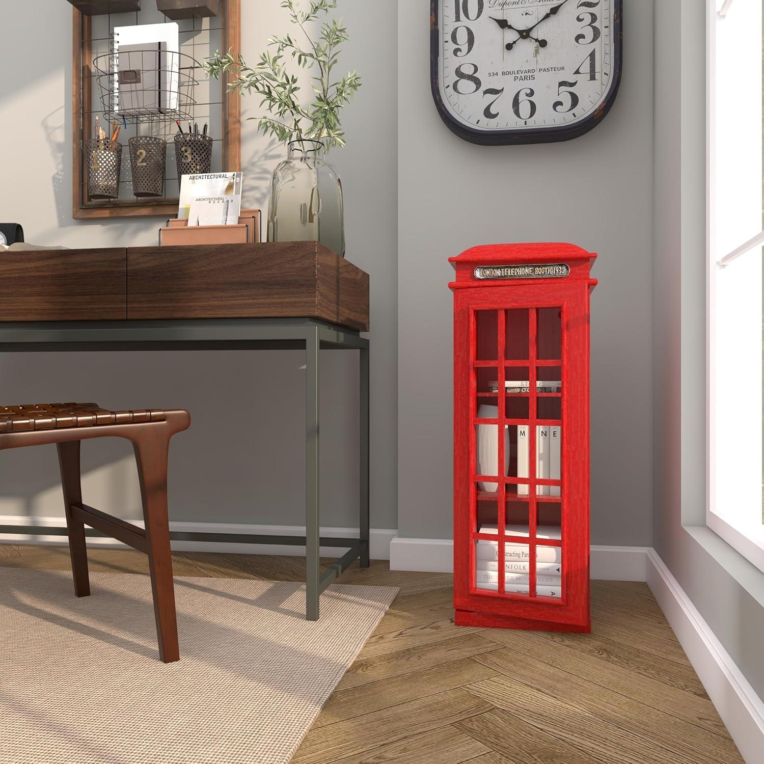 DecMode 11" x 30" Red Wooden London Telephone Booth 2 Shelf Storage Unit, 1-Piece