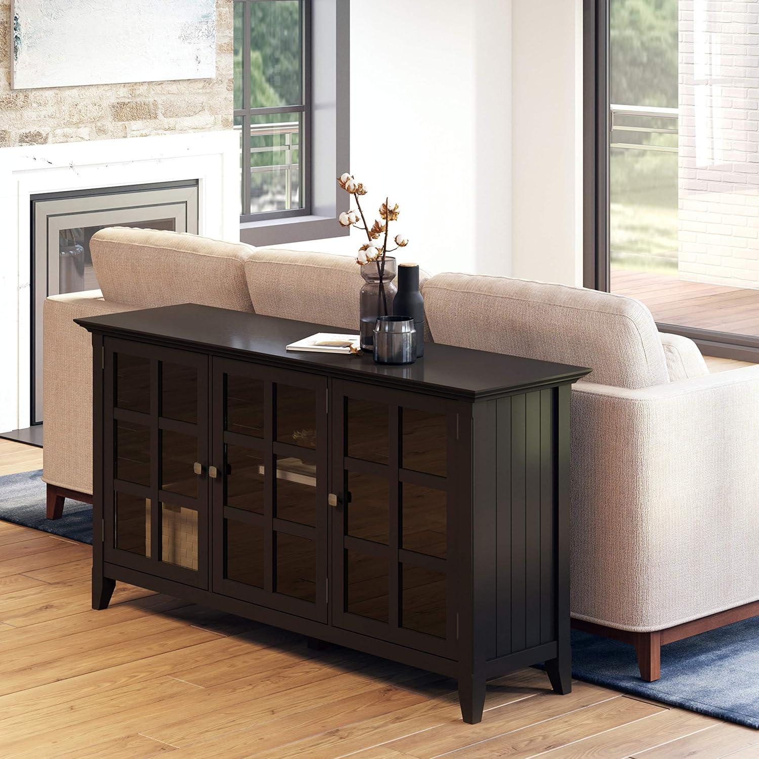 Simpli Home Acadian 62"W Solid Wood 3-Shelf Storage Cabinet with Tempered Glass Doors and Adjustable Shelves