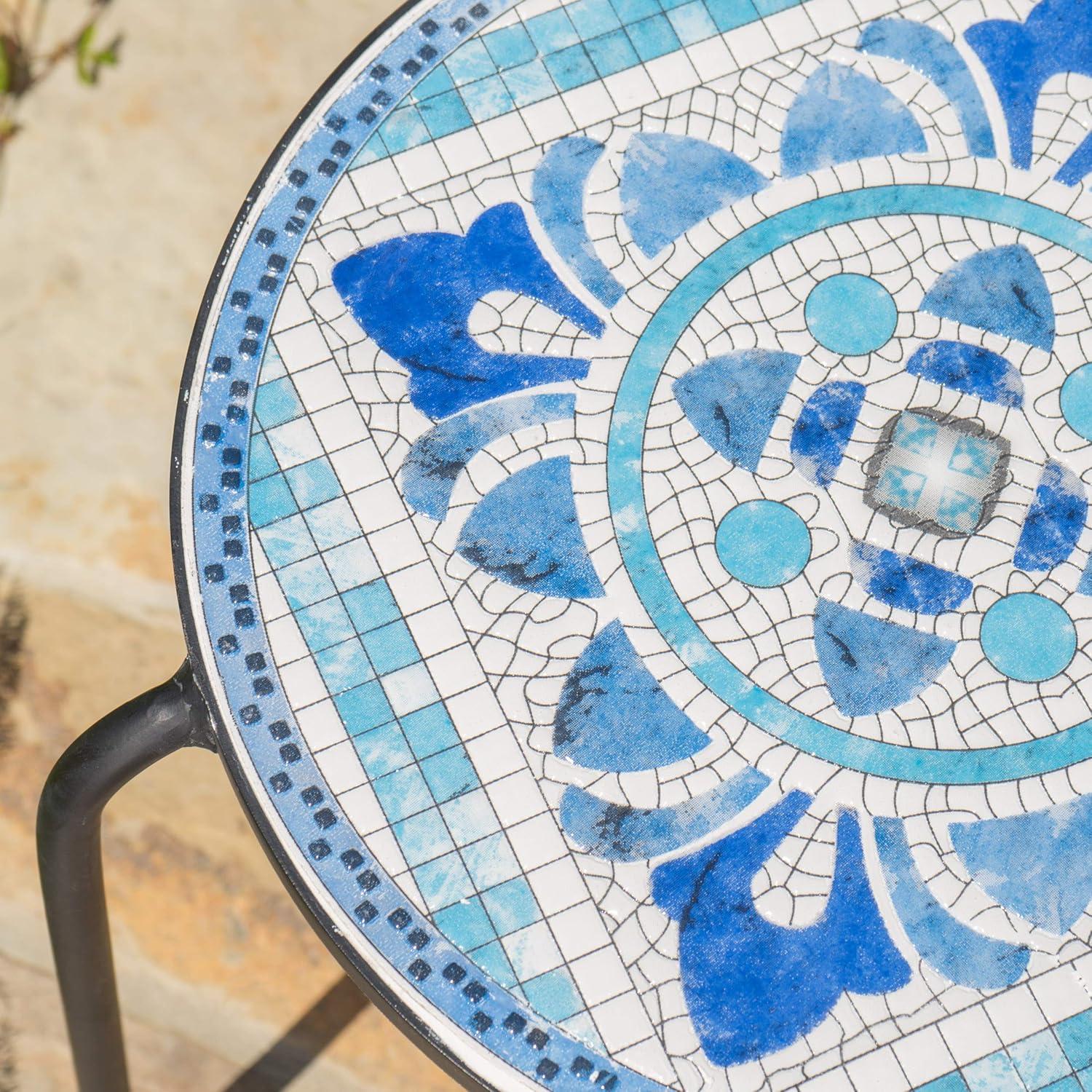 Sindarin Outdoor Ceramic Tile Round Side Table, Blue and White