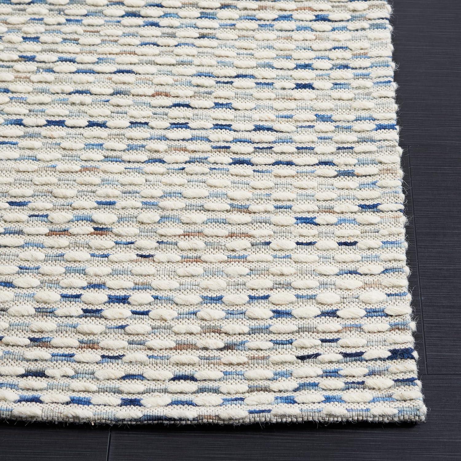 White and Navy Rectangular Wool 9' x 12' Flat Woven Handmade Rug