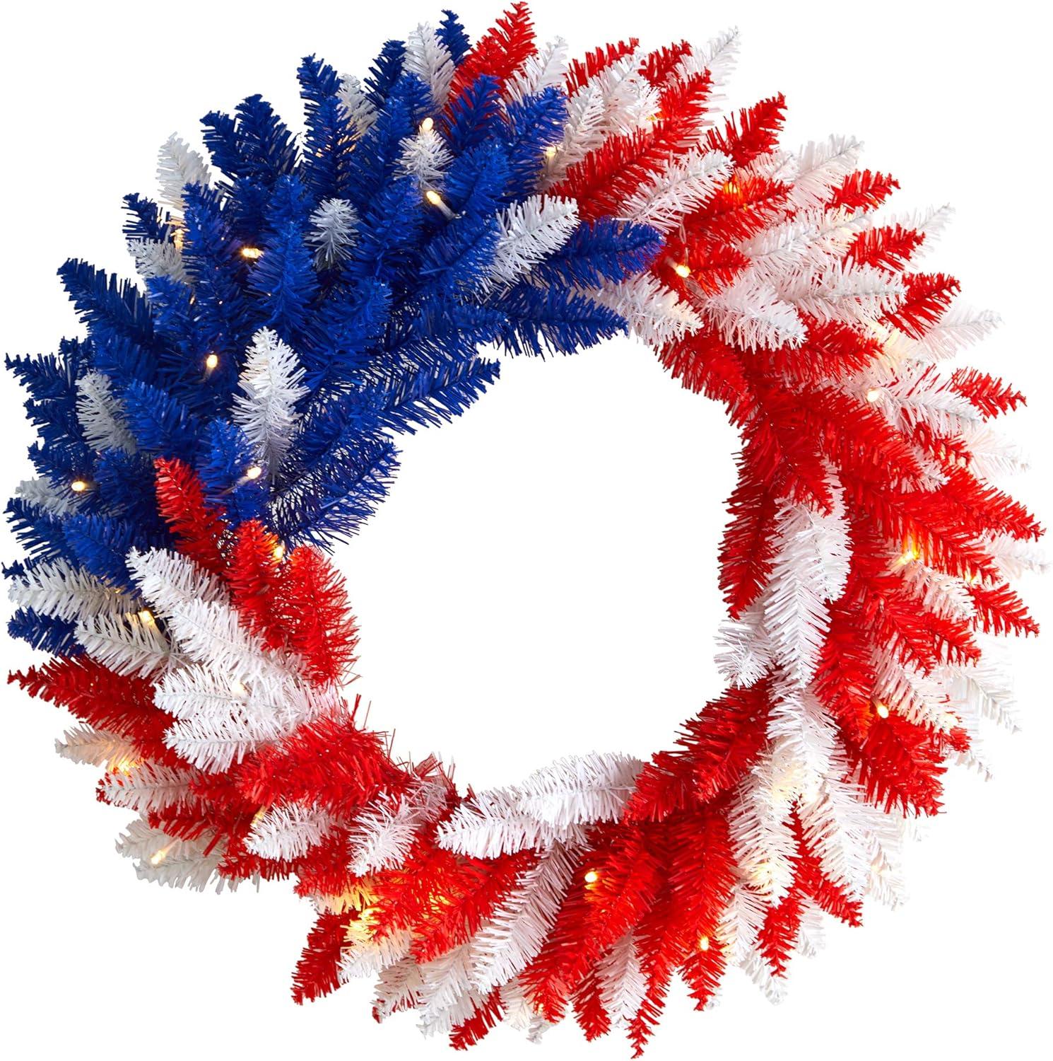 Nearly Natural 24” Patriotic Red, White and Blue “Americana” Wreath with 35 Warm LED Lights