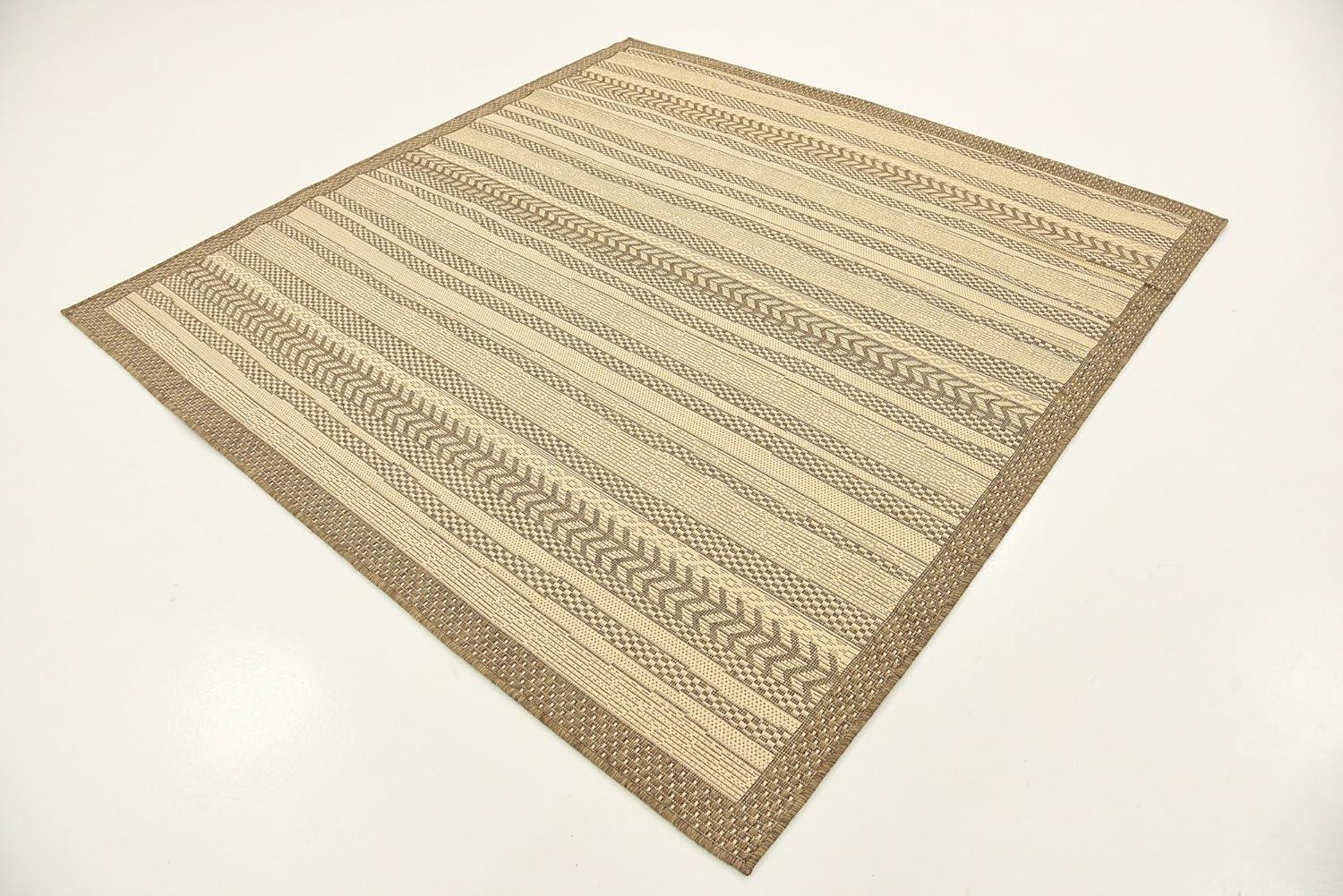 Unique Loom Outdoor Border Collection Area Rug - Lines (6' 1" Square Beige/Brown)