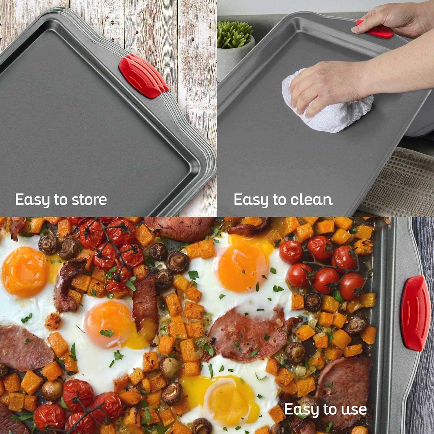 Heavy-Duty Nonstick Gray Sheet Pans with Red Silicone Grips