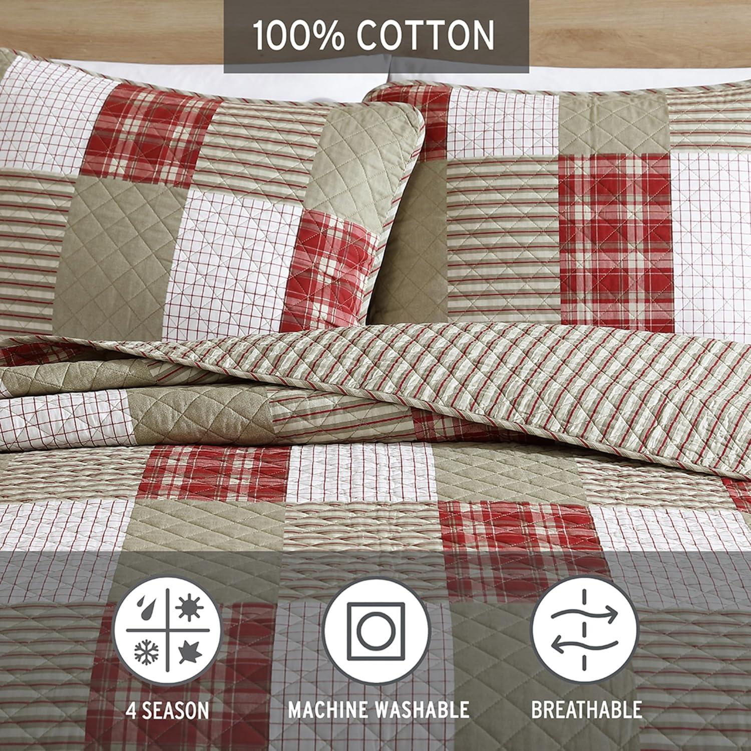 Full Red Cotton Reversible Patchwork Quilt Set