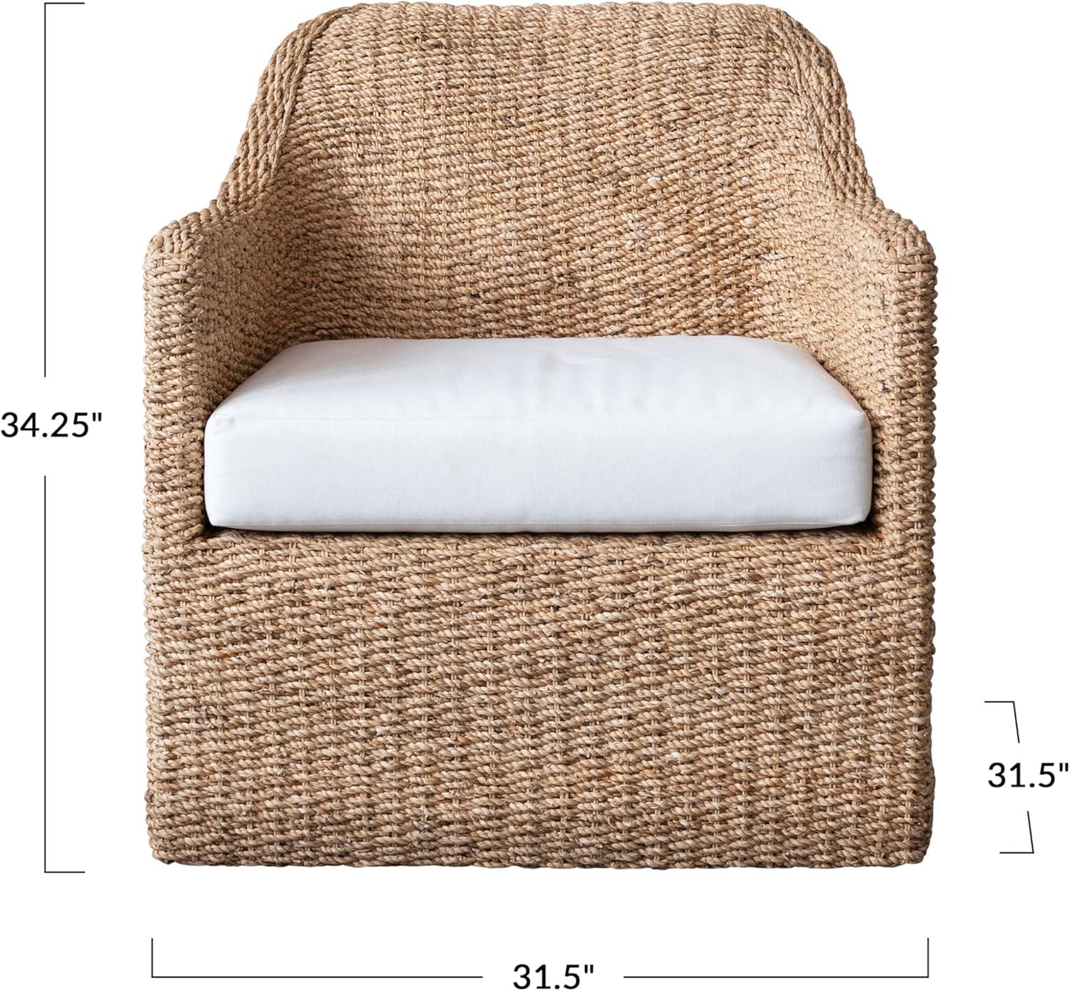 Natural and Cream Woven Water Hyacinth and Acacia Wood Outdoor Lounge Chair with White Cushion