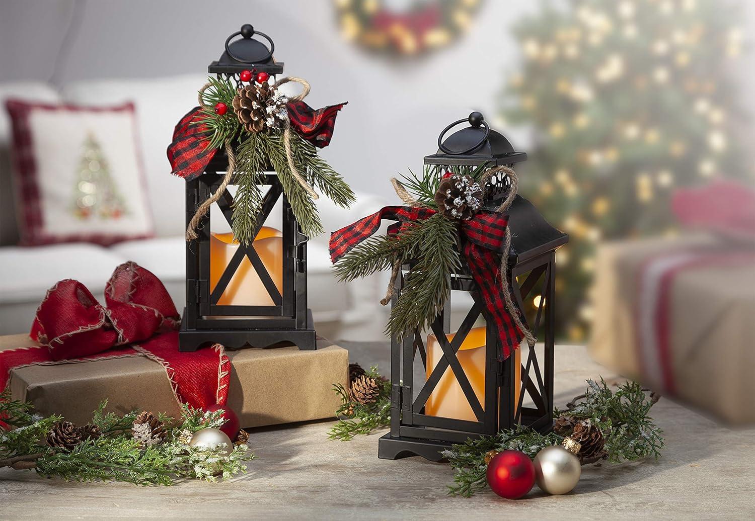 Set of 2 Black Metal Holiday Lanterns with LED Candle