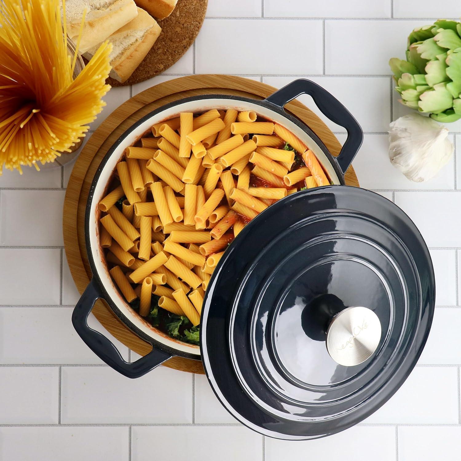 MegaChef 2 Quart Round Enameled Cast Iron Braiser Pan in Dark Blue